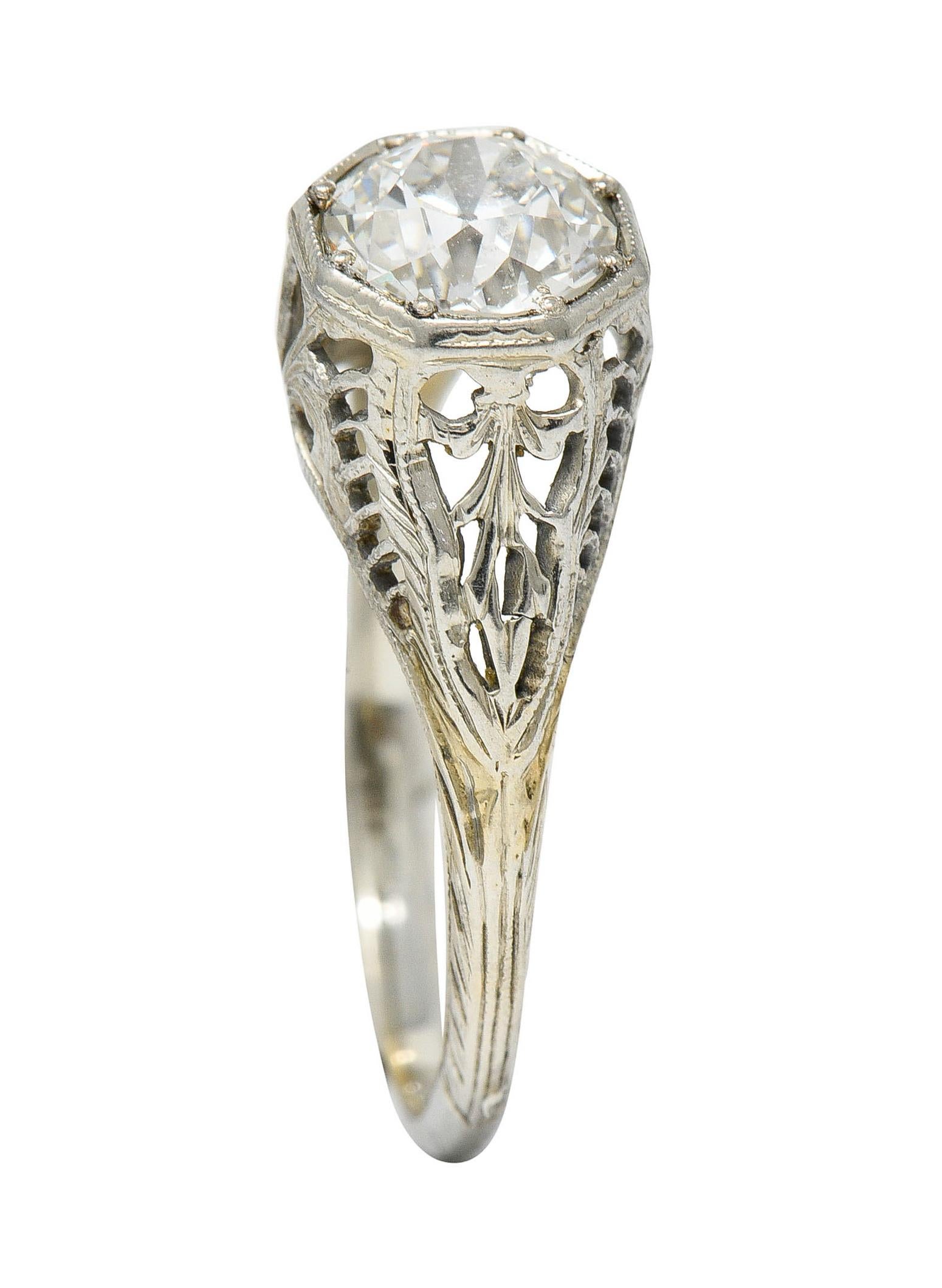 Edwardian 1.02 Carats Diamond 18 Karat White Gold Foliate Engagement Ring Ging For Sale 1