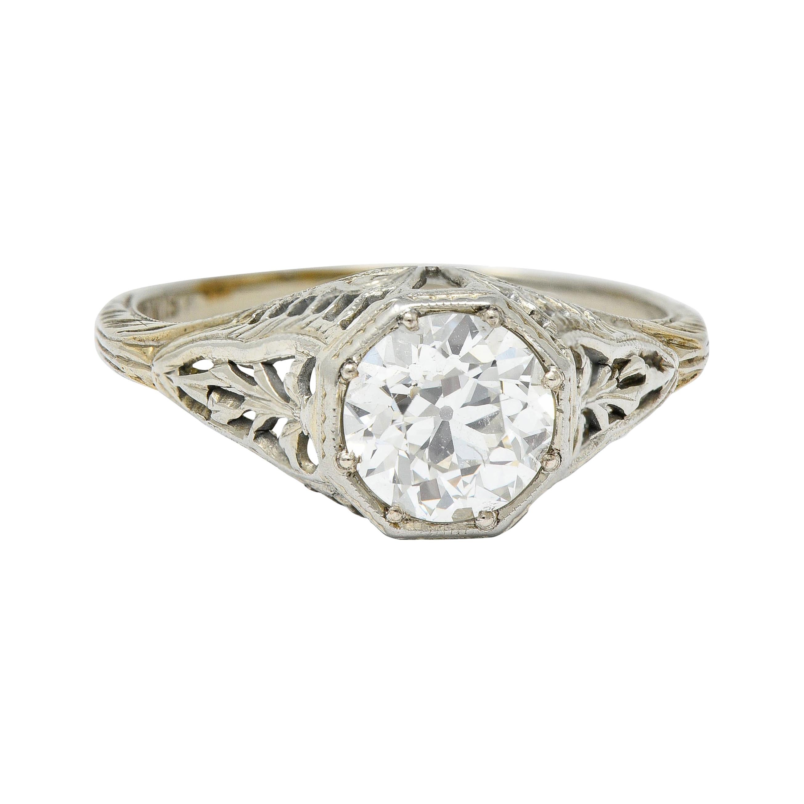 Edwardian 1.02 Carats Diamond 18 Karat White Gold Foliate Engagement Ring Ging For Sale
