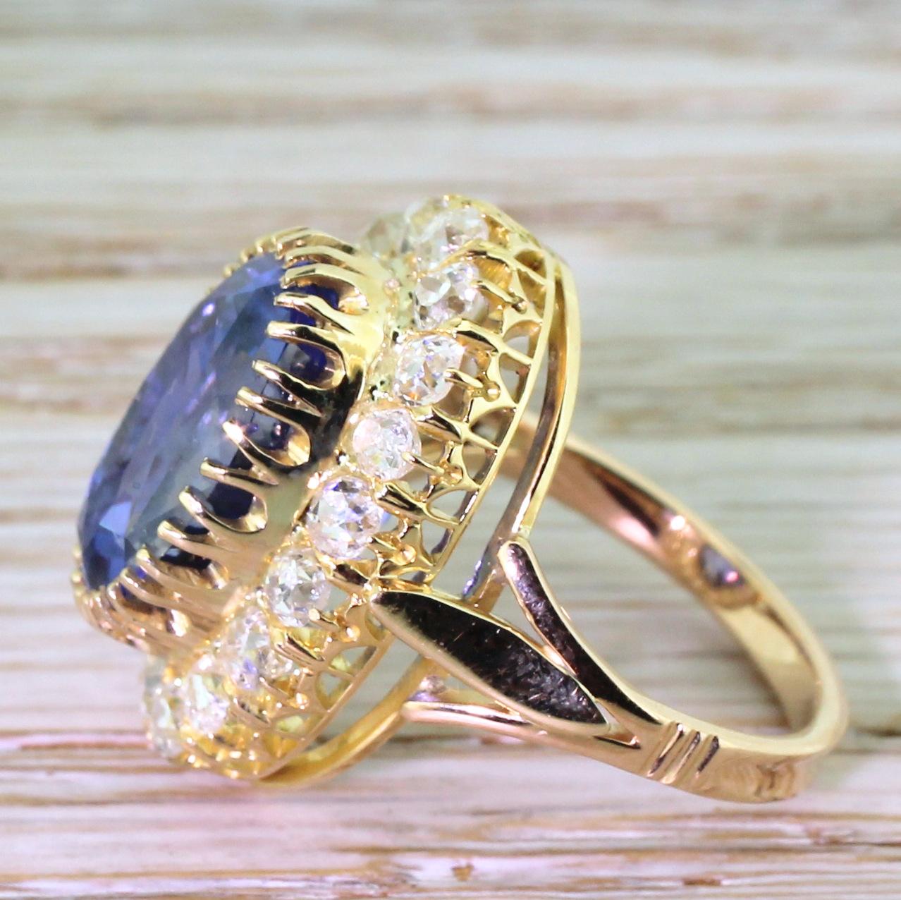 Edwardian 10.44 Carat Natural Ceylon Sapphire and Old Cut Diamond Cluster Ring In Excellent Condition For Sale In Essex, GB