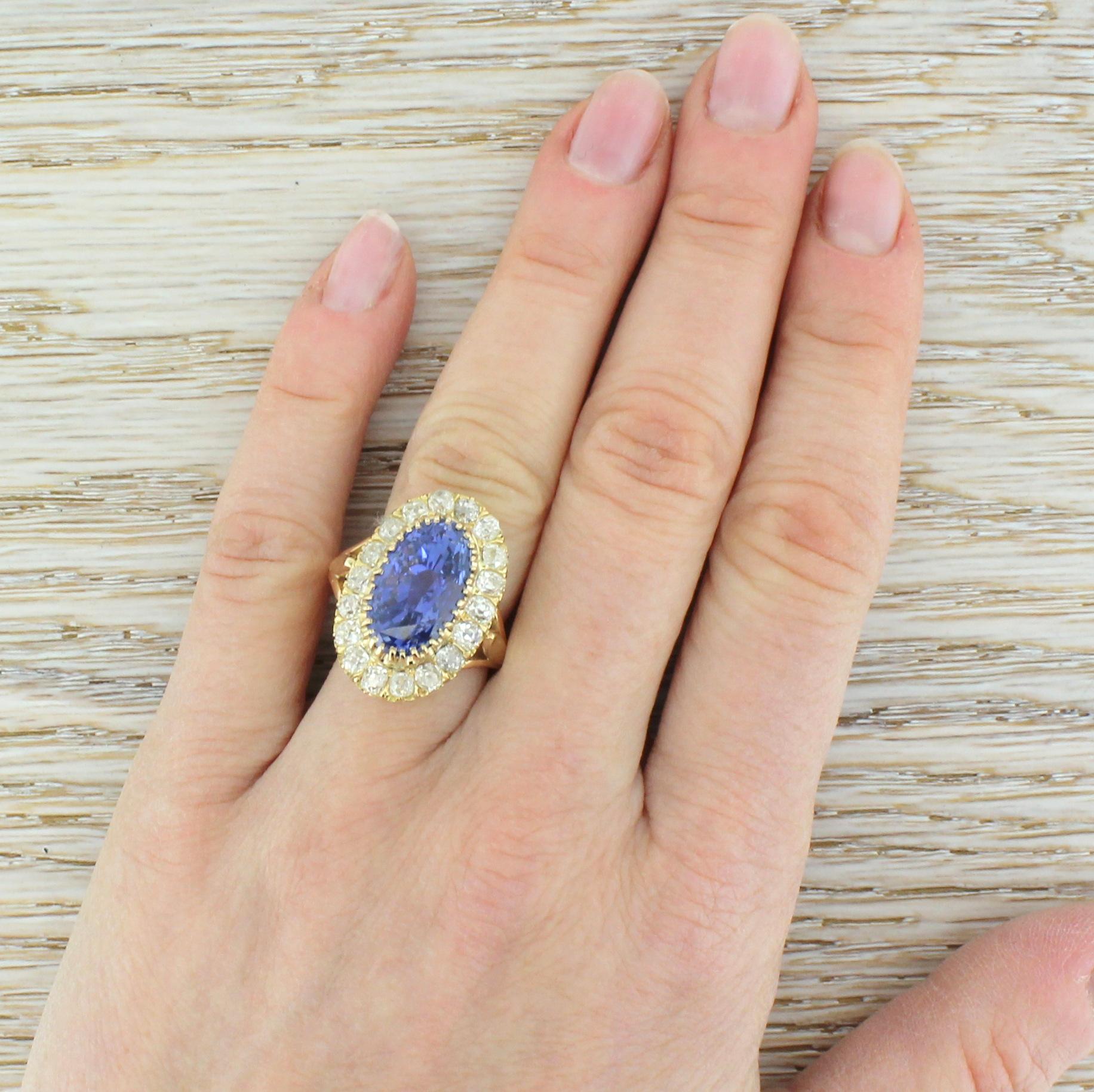 Edwardian 10.44 Carat Natural Ceylon Sapphire and Old Cut Diamond Cluster Ring For Sale 1