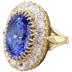 Edwardian 10.44 Carat Natural Ceylon Sapphire and Old Cut Diamond Cluster Ring