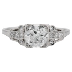Anello di fidanzamento antico in platino con diamante vecchio taglio europeo da 1.05 carati di epoca edoardiana