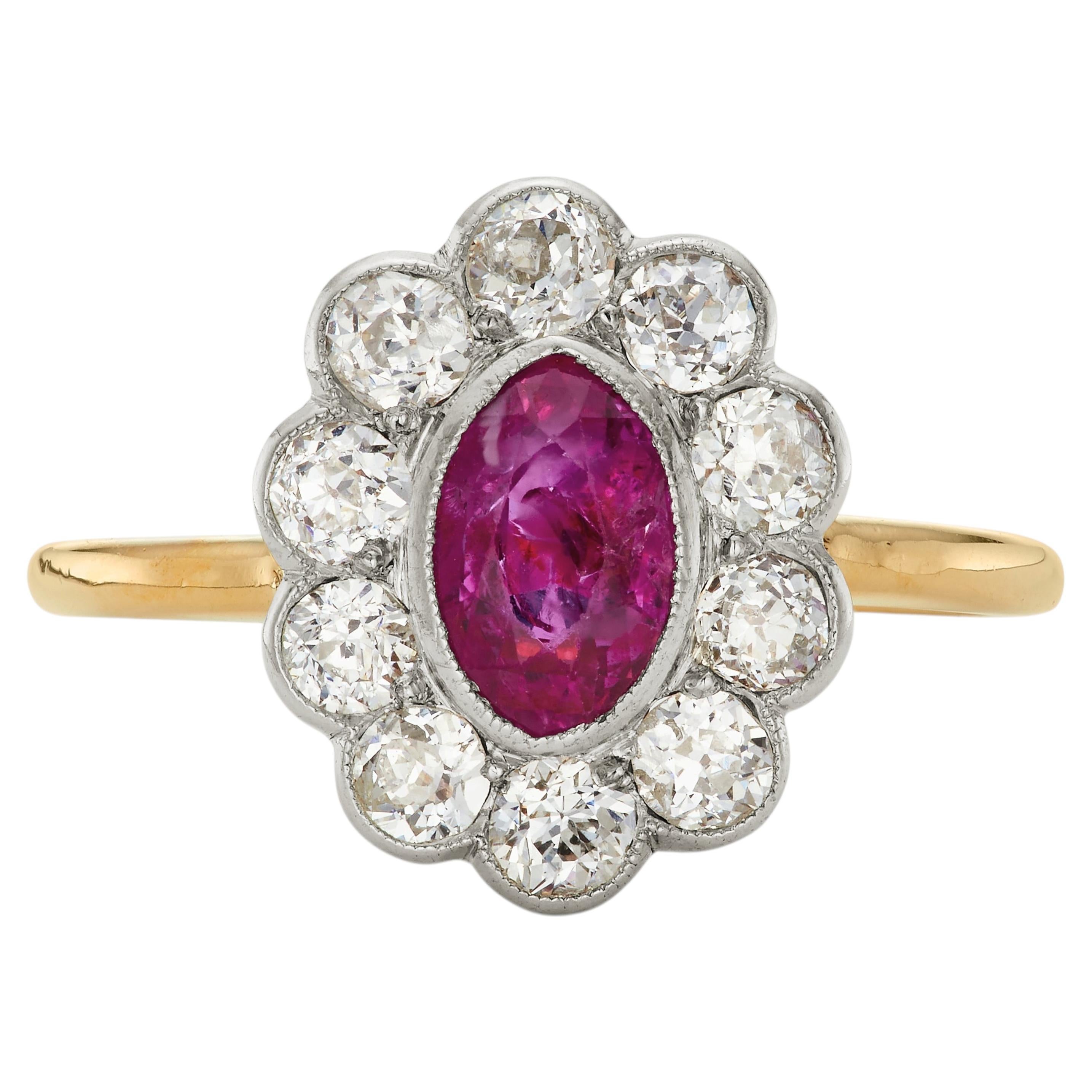 Edwardian 1.00ct Natural Burmese Ruby and 1.00ct Old Mine Diamond Cluster Ring