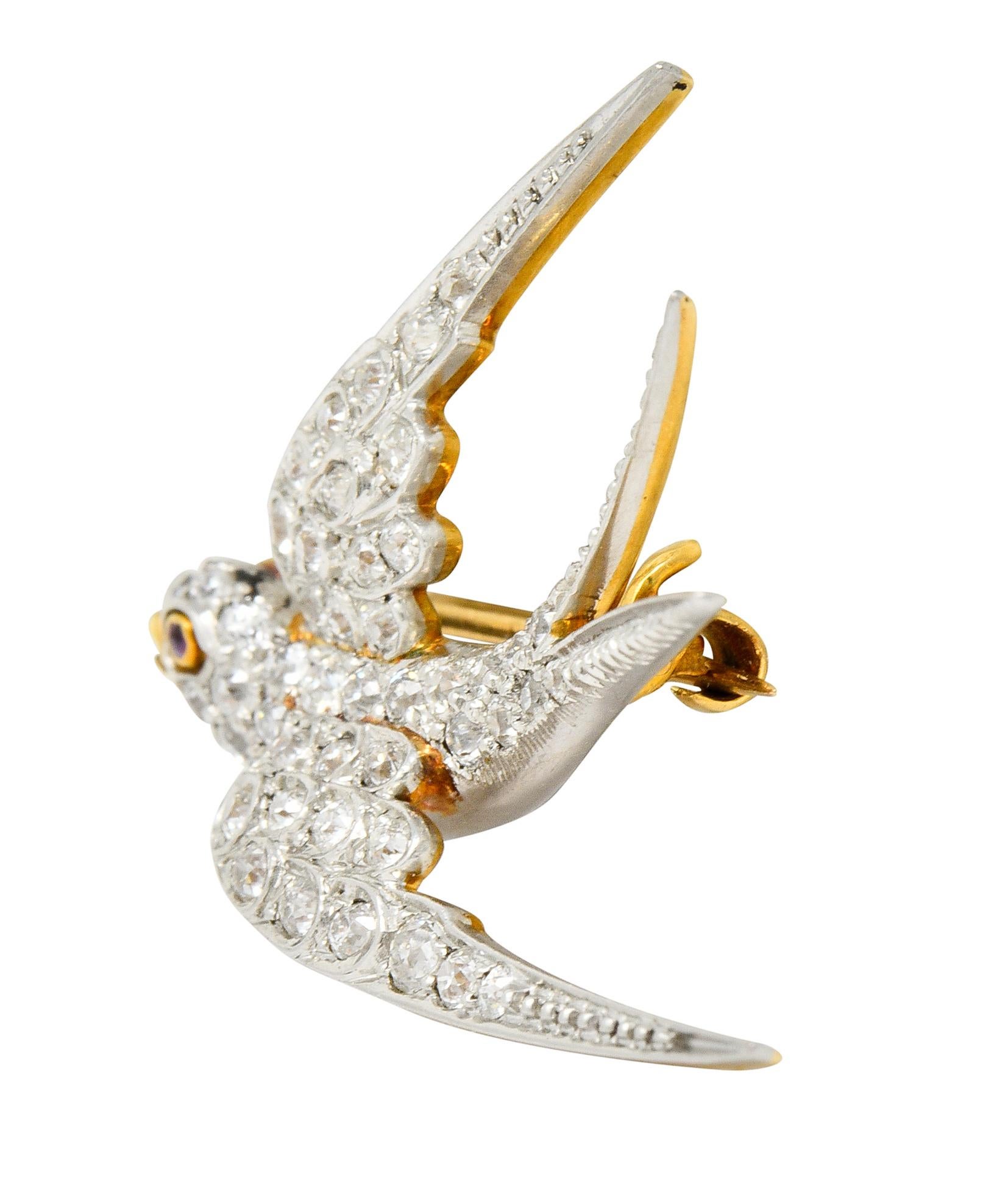 Old European Cut Edwardian 1.06 Carat Pave Diamond Platinum-Topped 18 Karat Gold Swallow Bird Pin