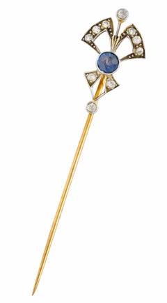 Edwardian 1.06 Carat Sapphire Diamond Platinum 14 Karat White Gold Bow Stickpin