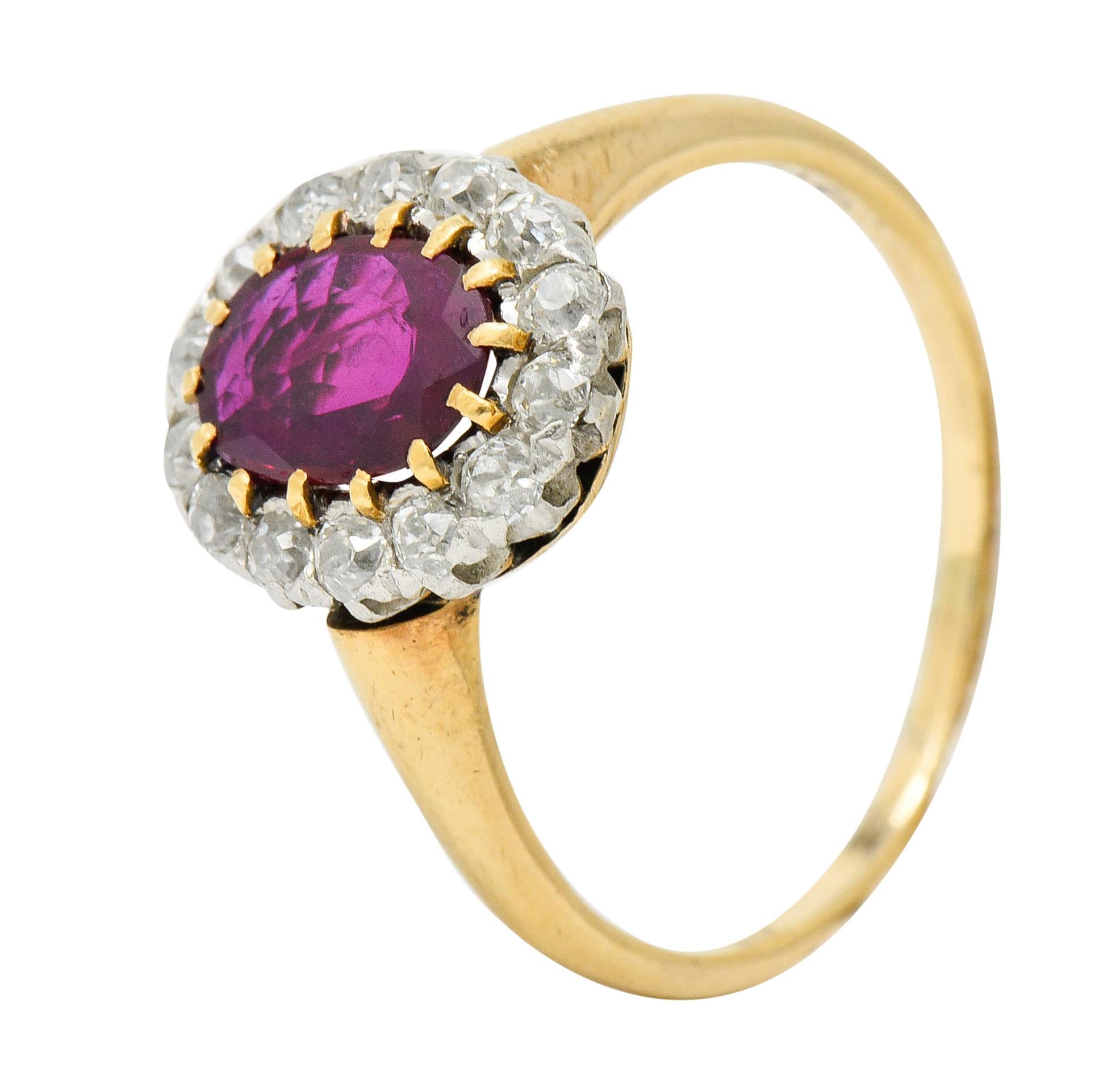 Edwardian 1.08 Carat Ruby Diamond Platinum 14 Karat Gold Cluster Ring 3