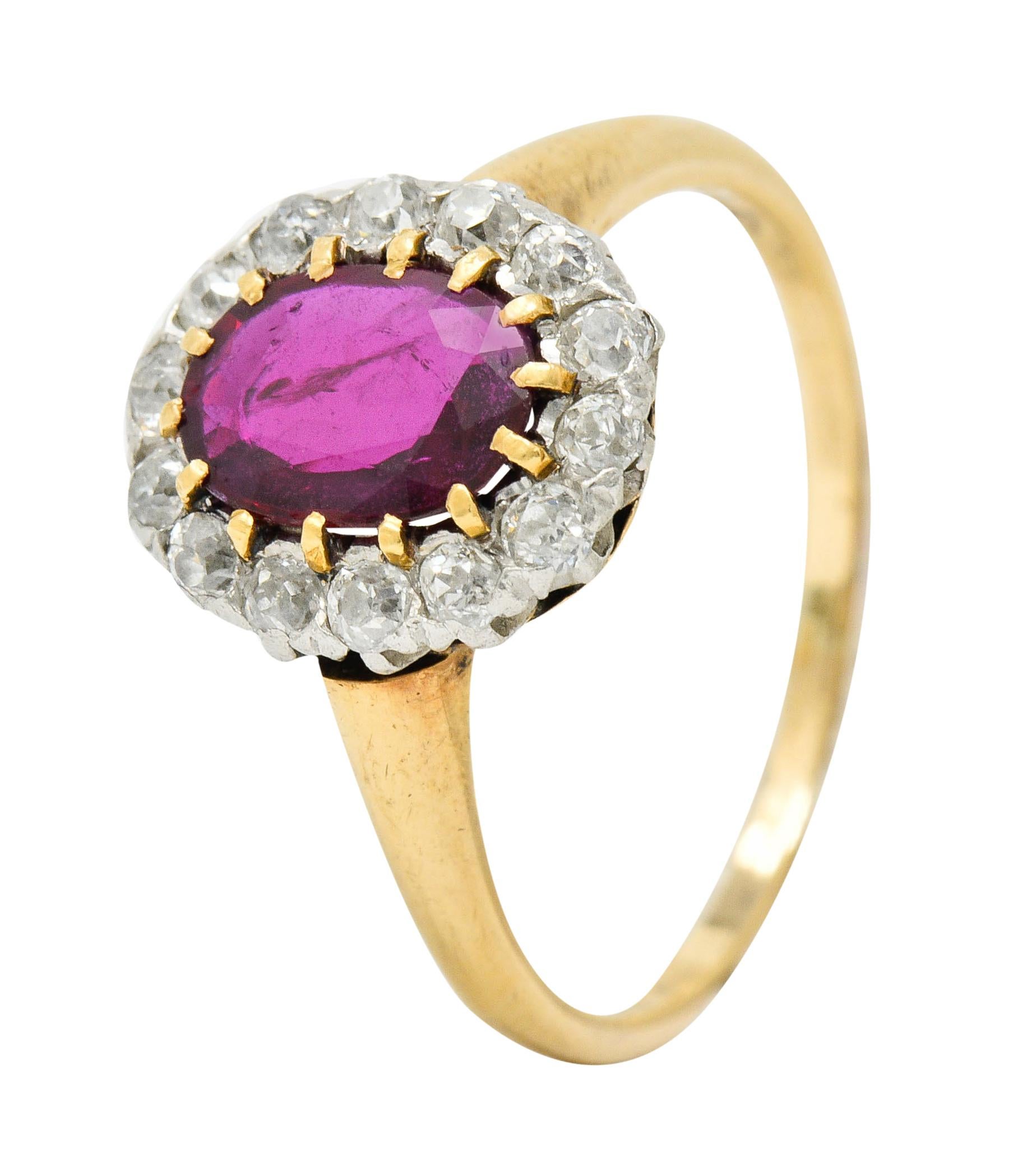 Edwardian 1.08 Carat Ruby Diamond Platinum 14 Karat Gold Cluster Ring 4