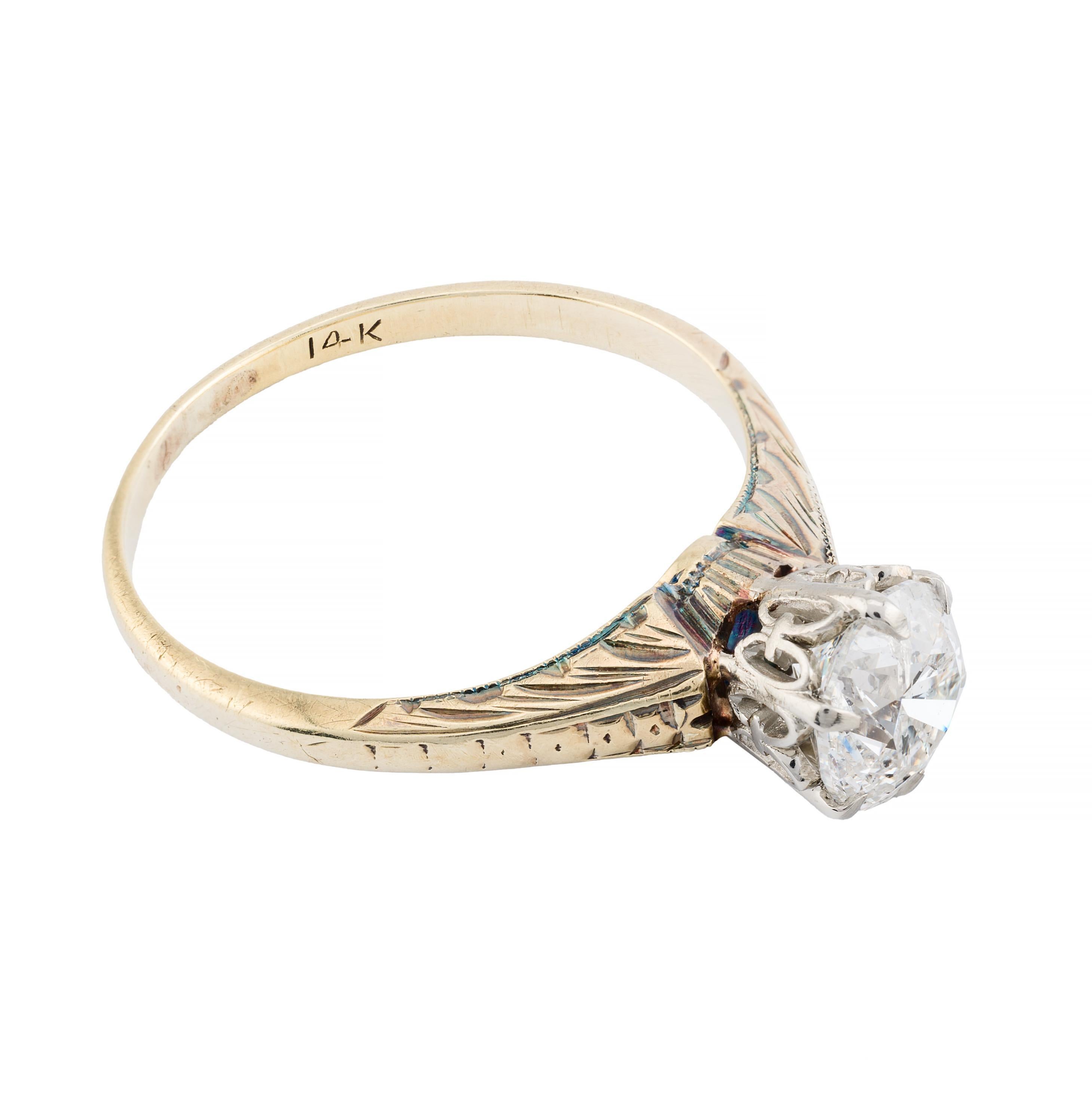 Édouardien Bague de fiançailles solitaire édouardienne en platine et or jaune 14 carats avec diamants de 1,09 carat en vente