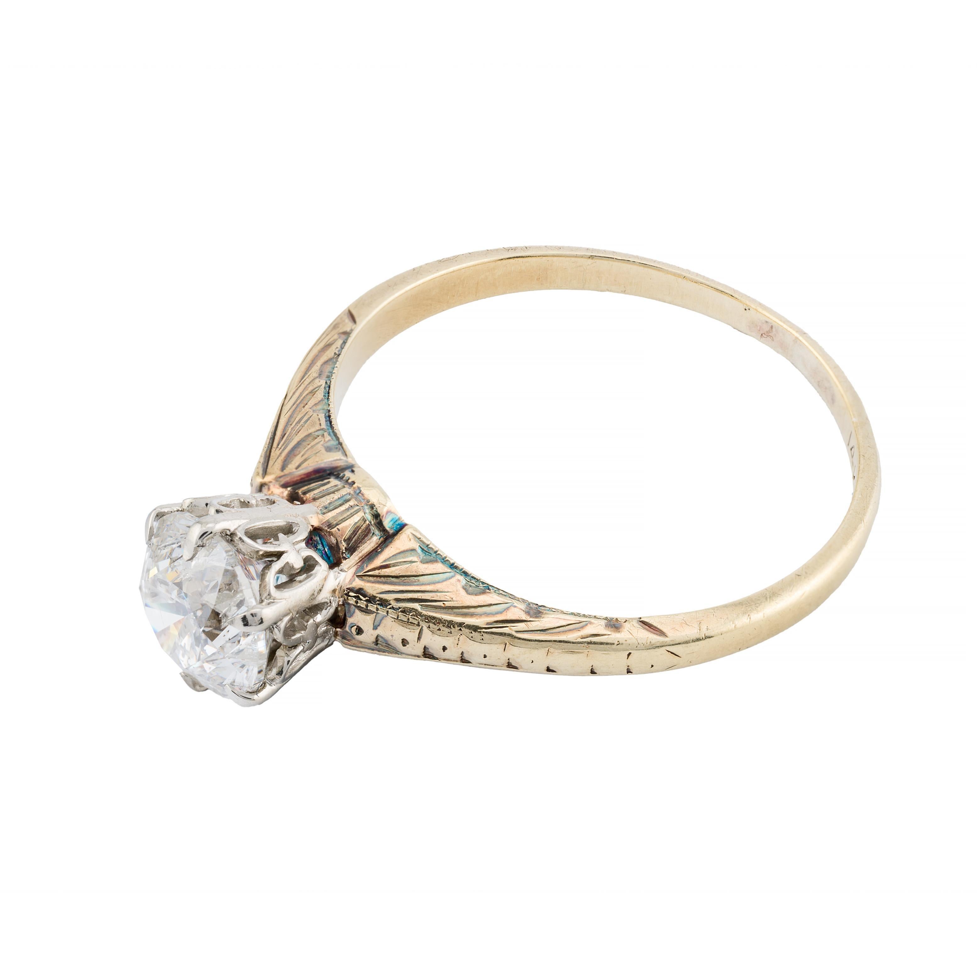 Taille vieille Europe Bague de fiançailles solitaire édouardienne en platine et or jaune 14 carats avec diamants de 1,09 carat en vente