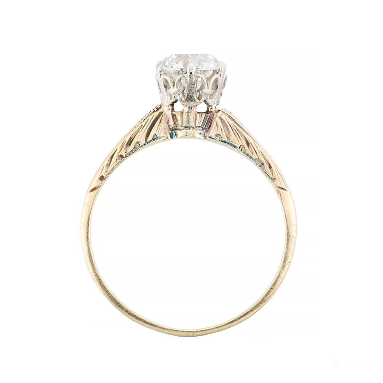 Bague de fiançailles solitaire édouardienne en platine et or jaune 14 carats avec diamants de 1,09 carat Excellent état - En vente à Boston, MA