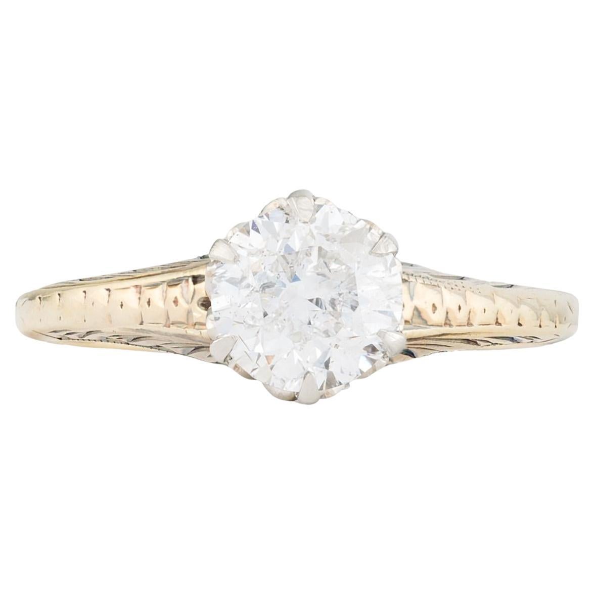 Bague de fiançailles solitaire édouardienne en platine et or jaune 14 carats avec diamants de 1,09 carat