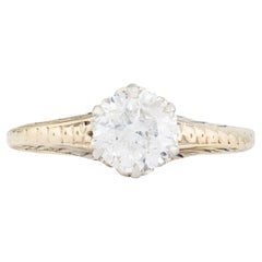 Bague de fiançailles solitaire édouardienne en platine et or jaune 14 carats avec diamants de 1,09 carat