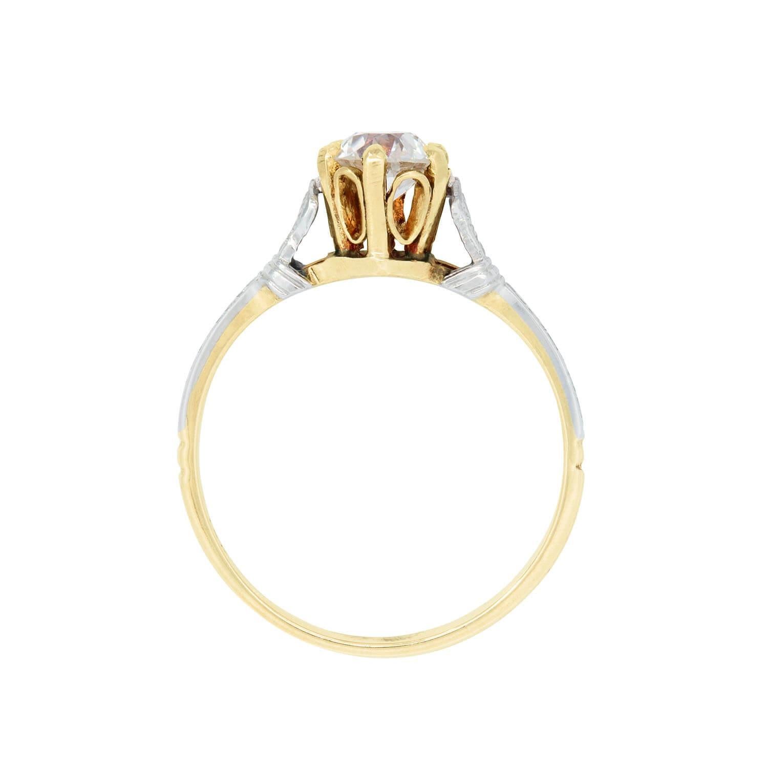 Women's or Men's Edwardian 10k White and Yellow Gold Diamond Engagement Ring 0.59ct For Sale