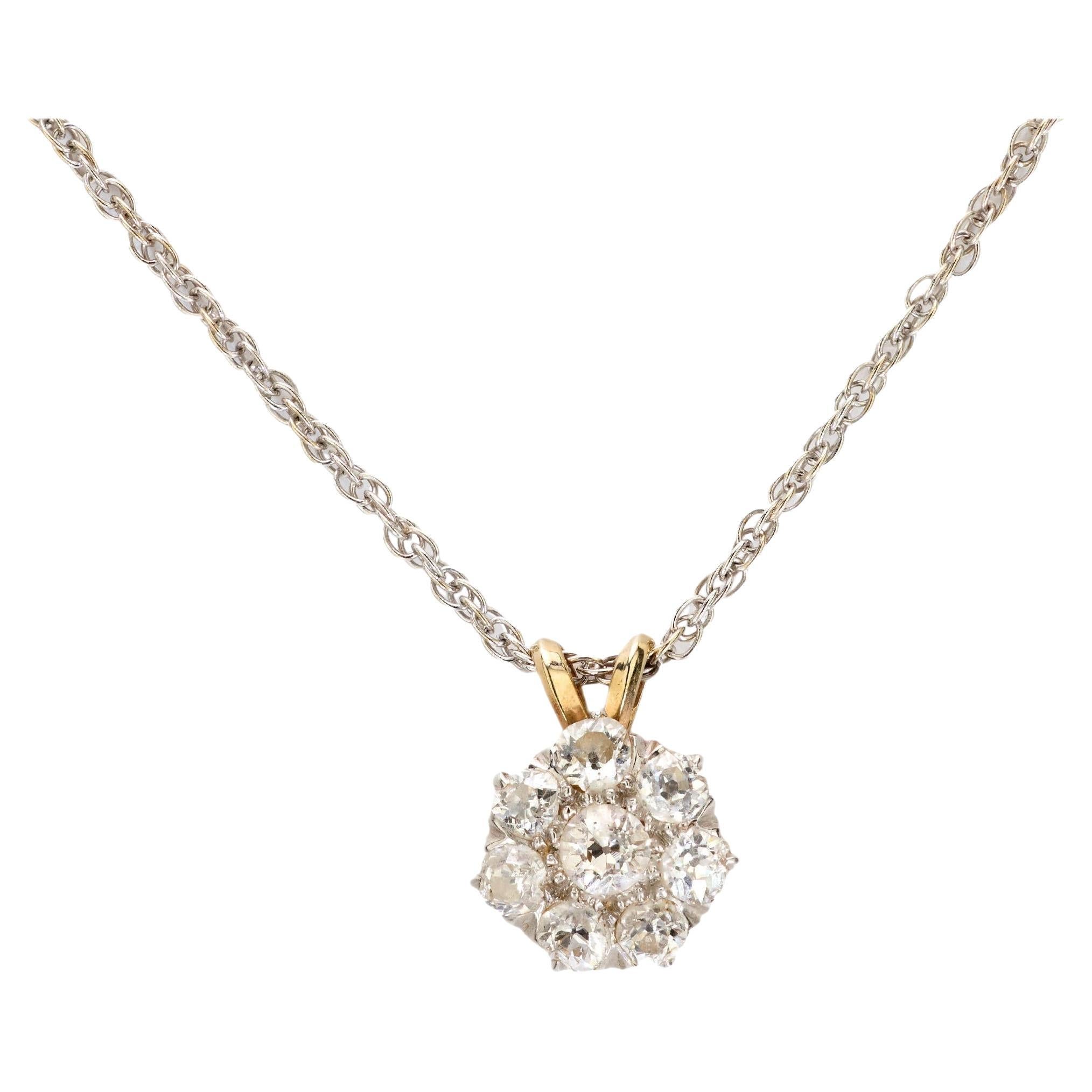 Collana floreale edoardiana con diamante da 1,10 carati, 14k e platino in vendita