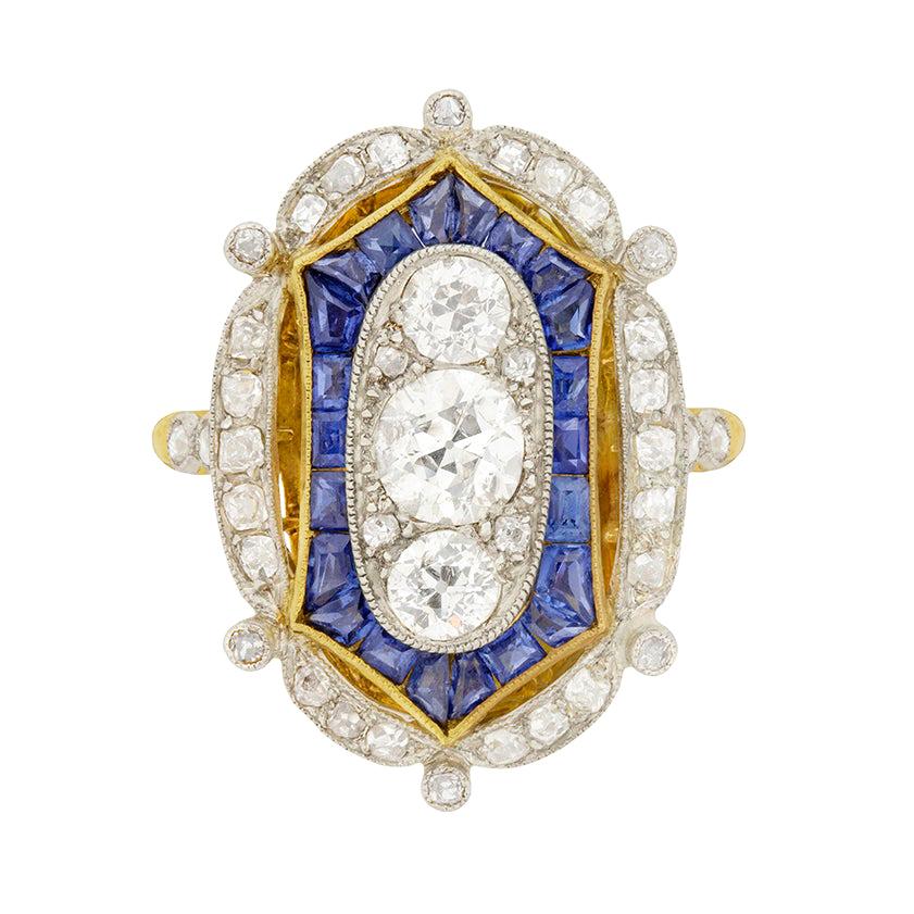 Edwardian 1.10 Carat Diamond and Sapphire Cocktail Ring, circa 1910s For Sale