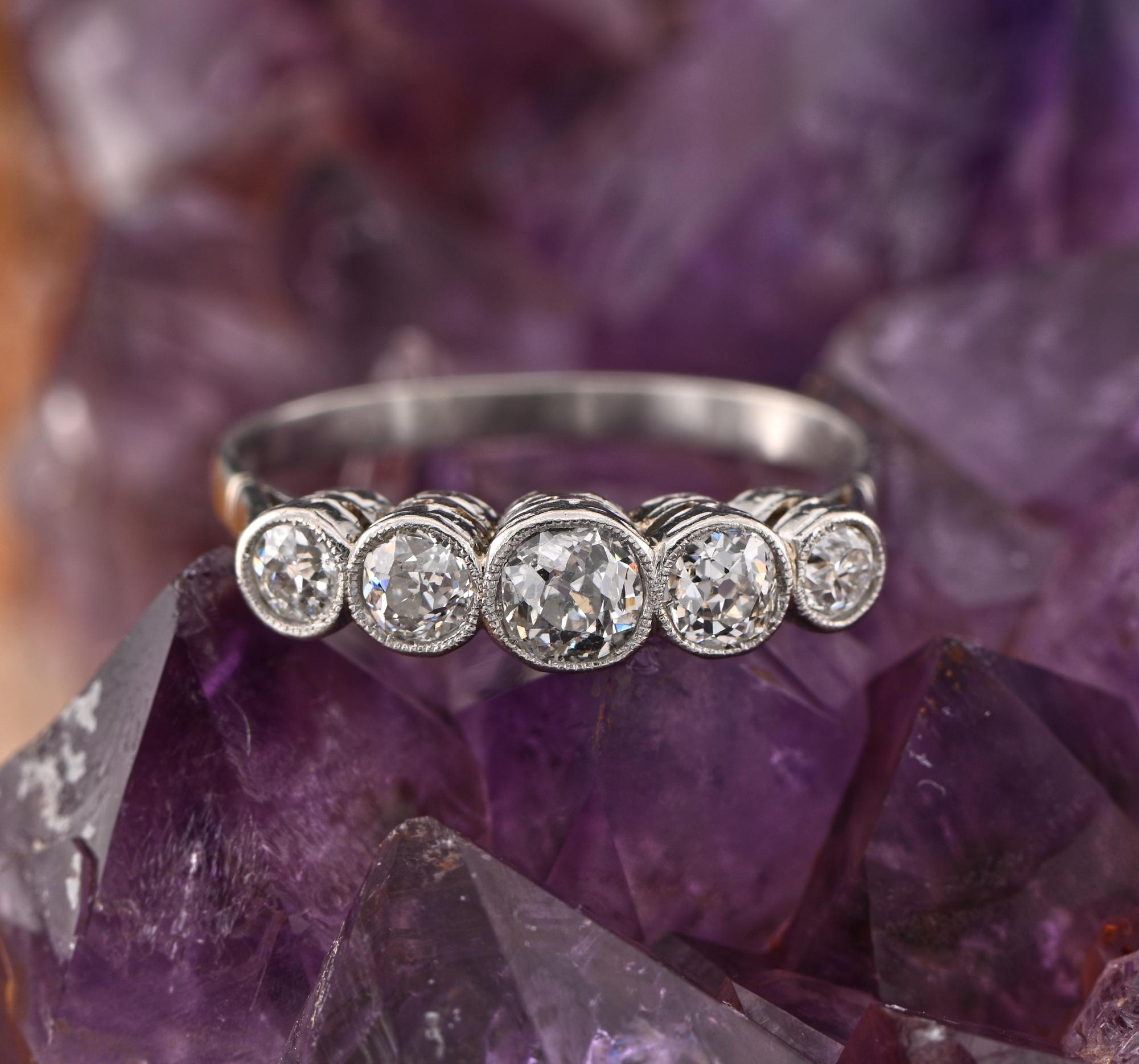 Classy Antique Five Stone!
This charming five stone Diamond ring is purely Edwardian period
Exquisitely hand created mount made from solid Platinum, marked
The ring stands up with an array of five graduated Cushion old mine cut Diamonds, chunky and