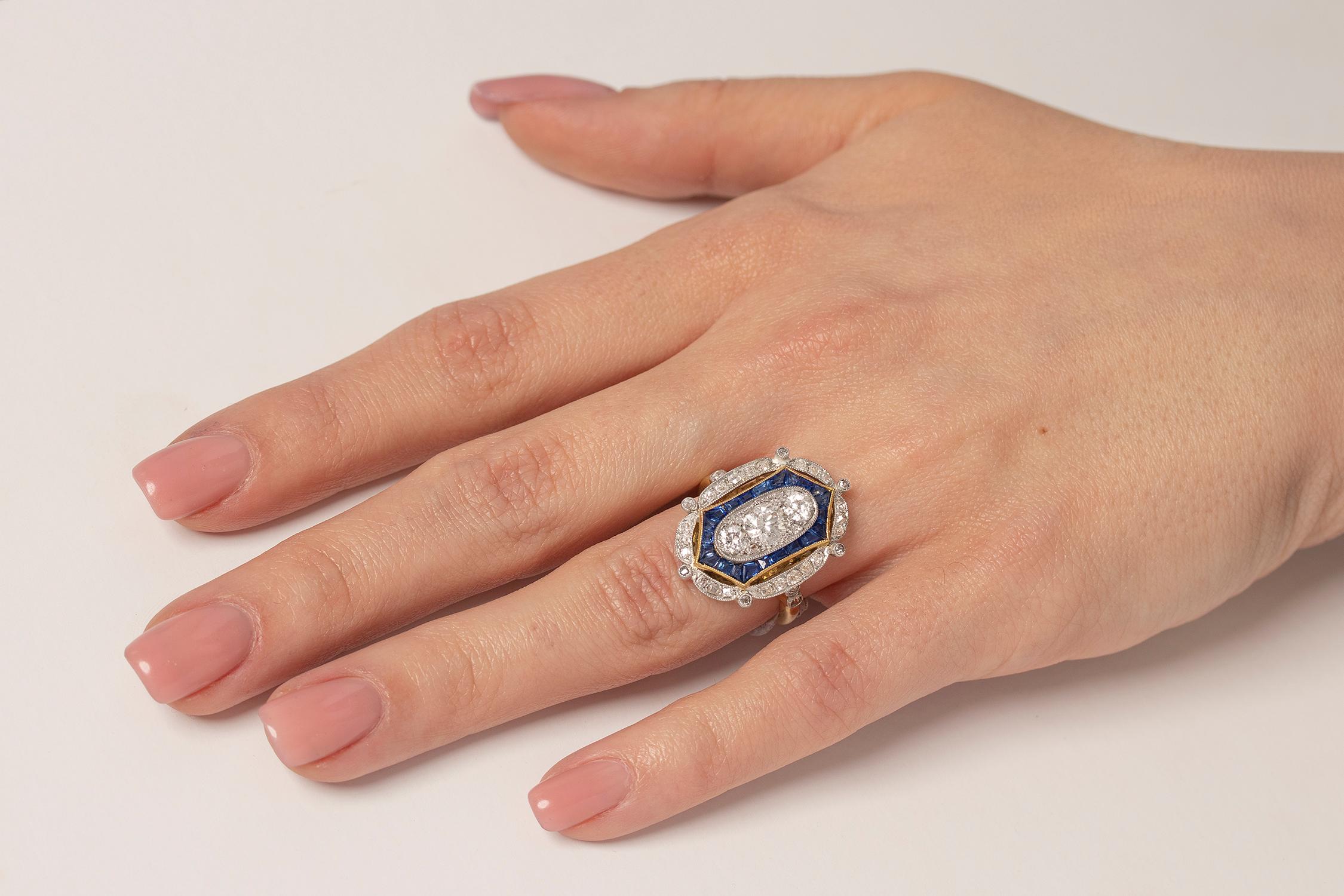 Edwardian 1.10 Carat Diamond and Sapphire Cocktail Ring, circa 1910s For Sale 1