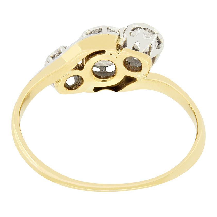 Old European Cut Edwardian 1.10ct Diamond Three Stone Twist Ring, c.1910s For Sale
