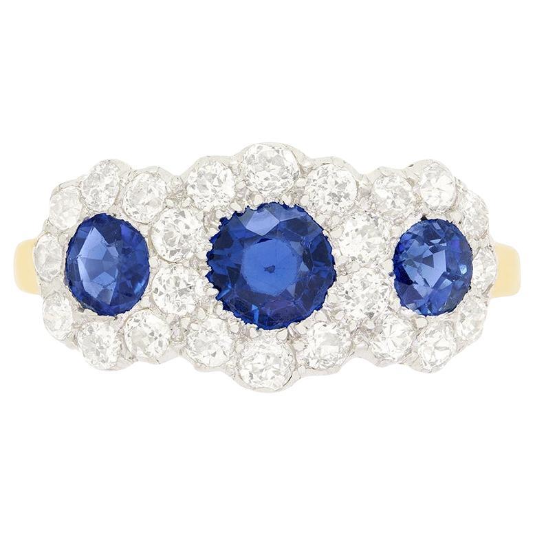 Edwardian 1.10ct Sapphire and Diamond Trilogy Halo Ring, c.1910s