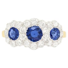 Edwardian 1.10ct Sapphire and Diamond Trilogy Halo Ring, c.1910s
