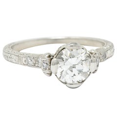 Antique Edwardian 1.11 Carats Diamond Platinum Scrolled Foliate Engagement Ring GIA