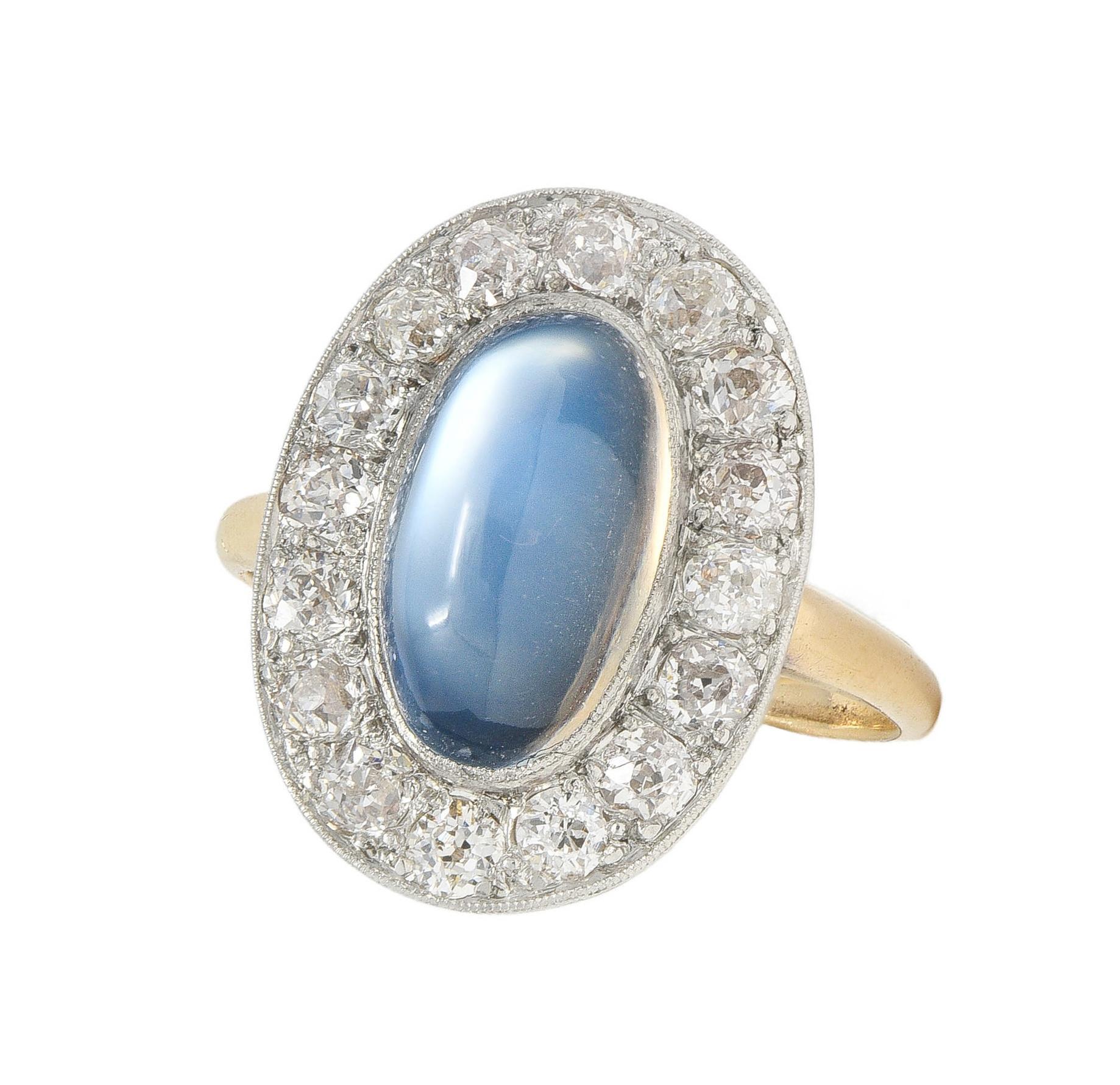Edwardian 1.12 CTW Moonstone Diamond Platinum 14 Karat Gold Antique Halo Ring For Sale 5