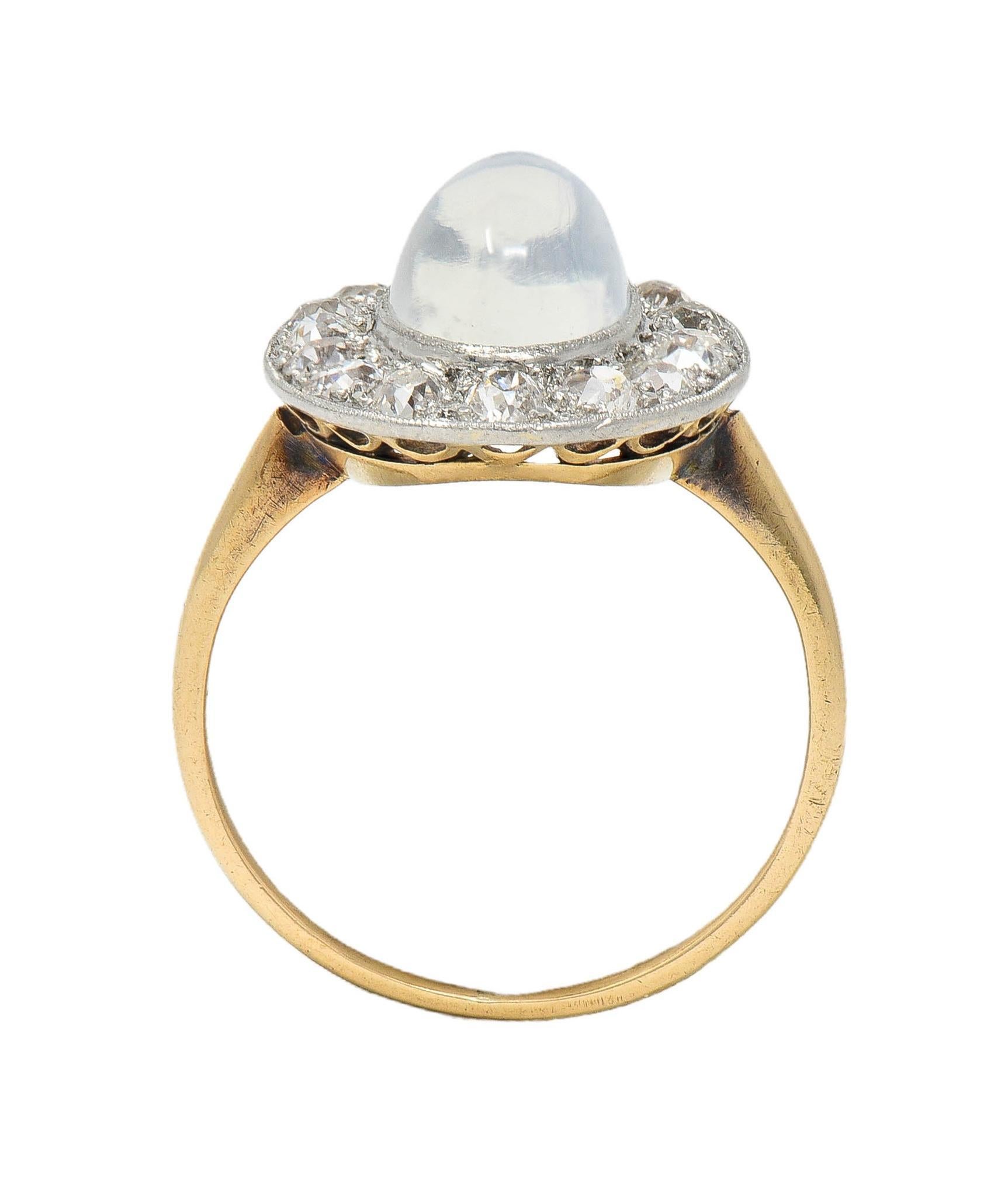 Edwardian 1.12 CTW Moonstone Diamond Platinum 14 Karat Gold Antique Halo Ring For Sale 6