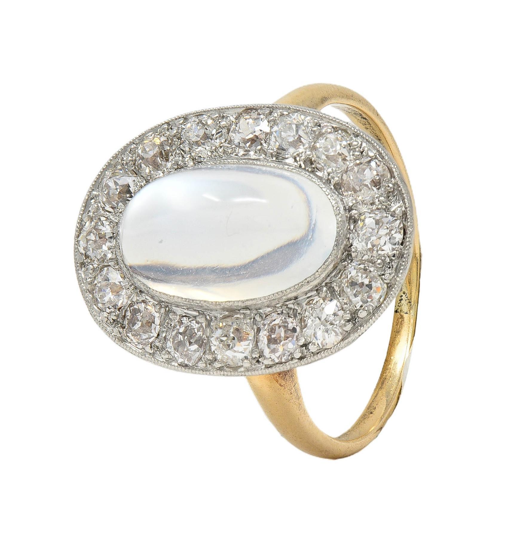 Edwardian 1.12 CTW Moonstone Diamond Platinum 14 Karat Gold Antique Halo Ring For Sale 7