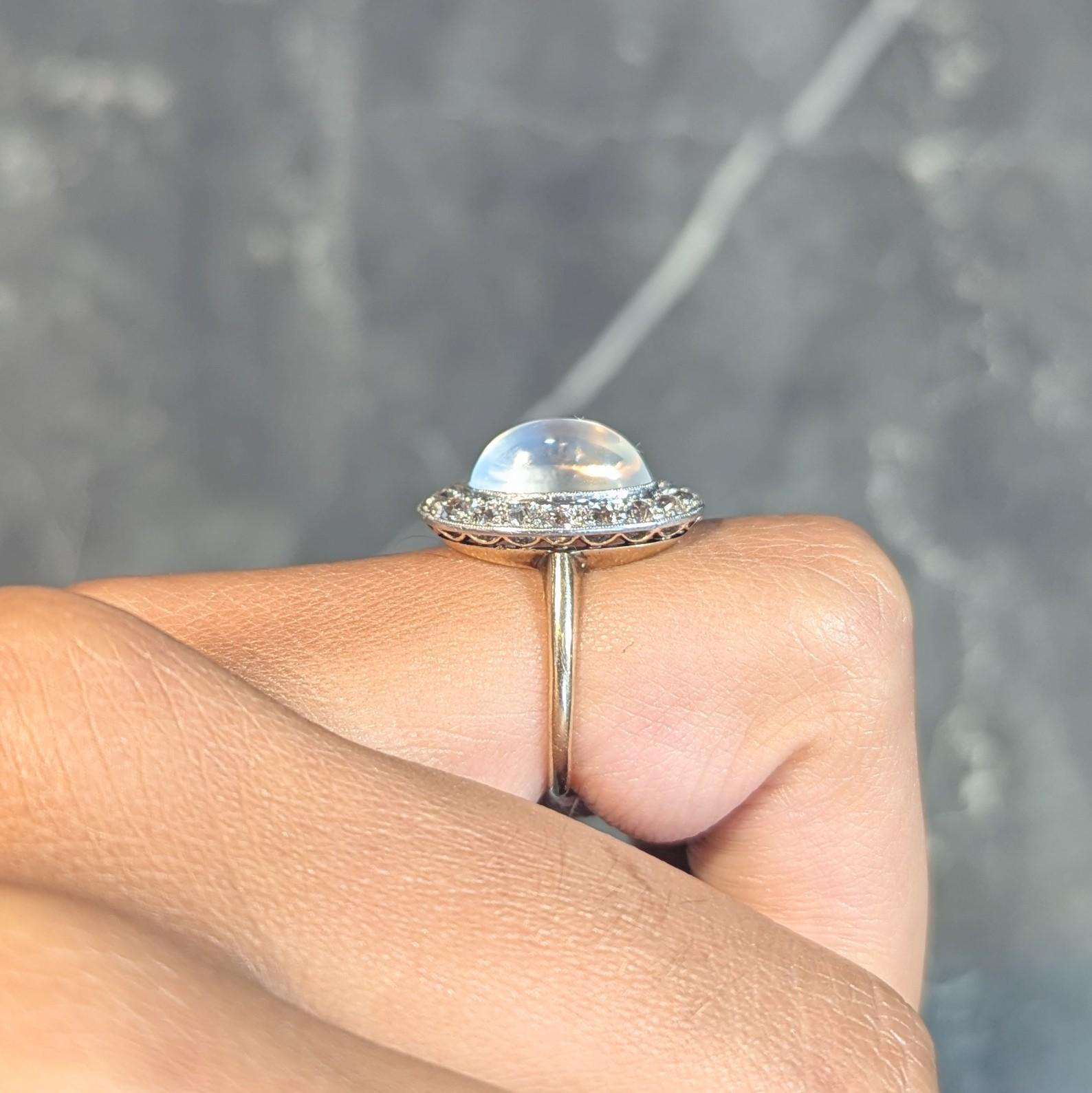 Edwardian 1.12 CTW Moonstone Diamond Platinum 14 Karat Gold Antique Halo Ring For Sale 9