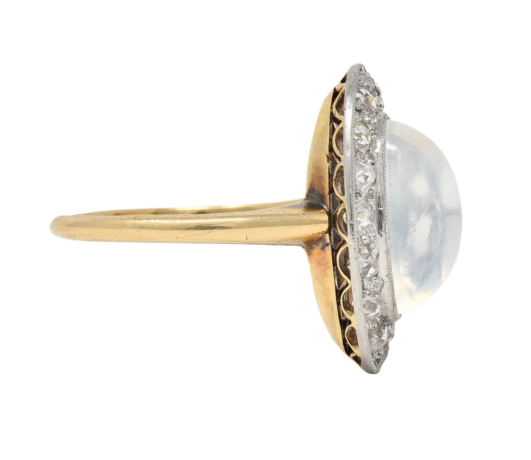 Edwardian 1.12 CTW Moonstone Diamond Platinum 14 Karat Gold Antique Halo Ring In Excellent Condition For Sale In Philadelphia, PA