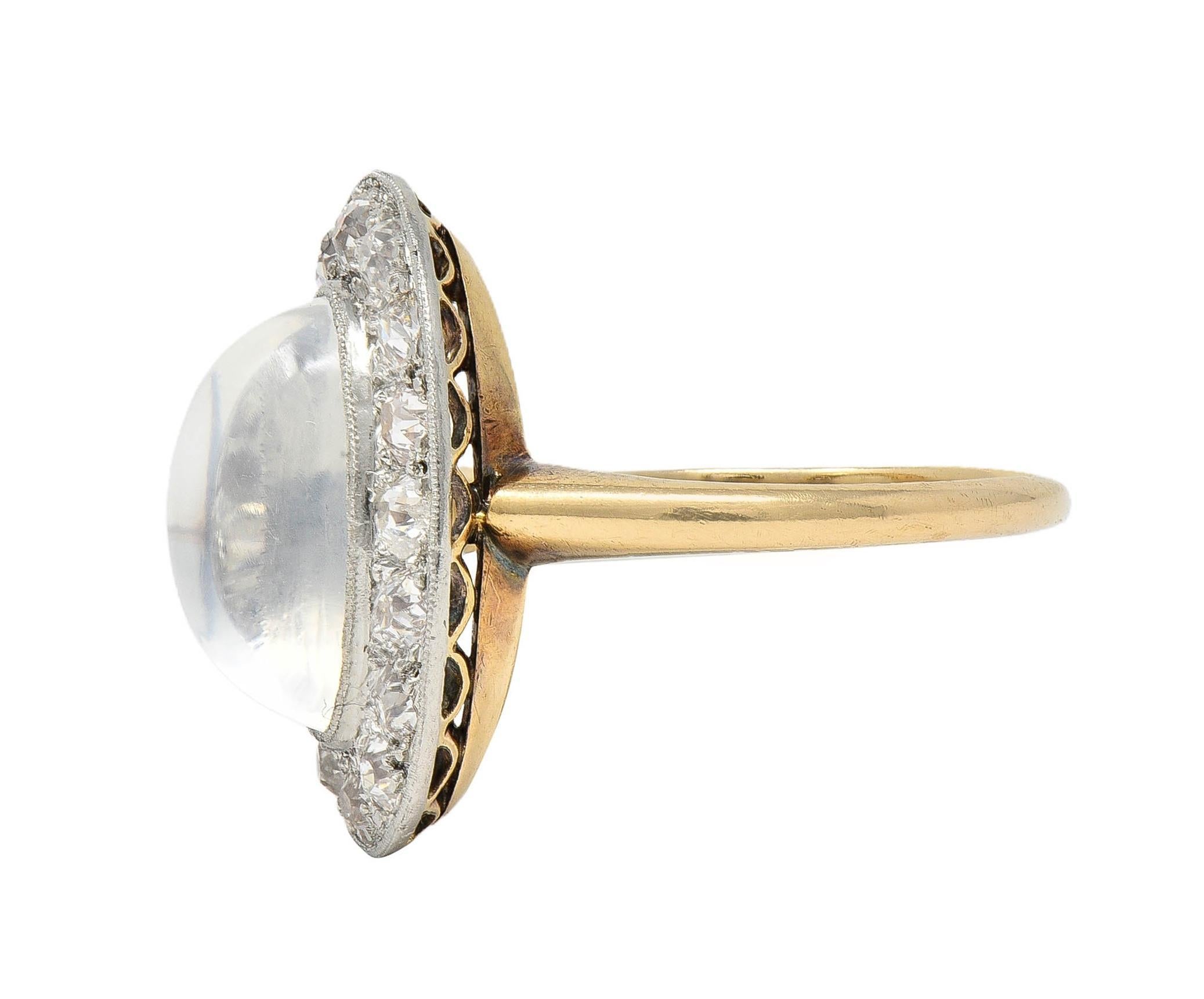 Edwardian 1.12 CTW Moonstone Diamond Platinum 14 Karat Gold Antique Halo Ring For Sale 1