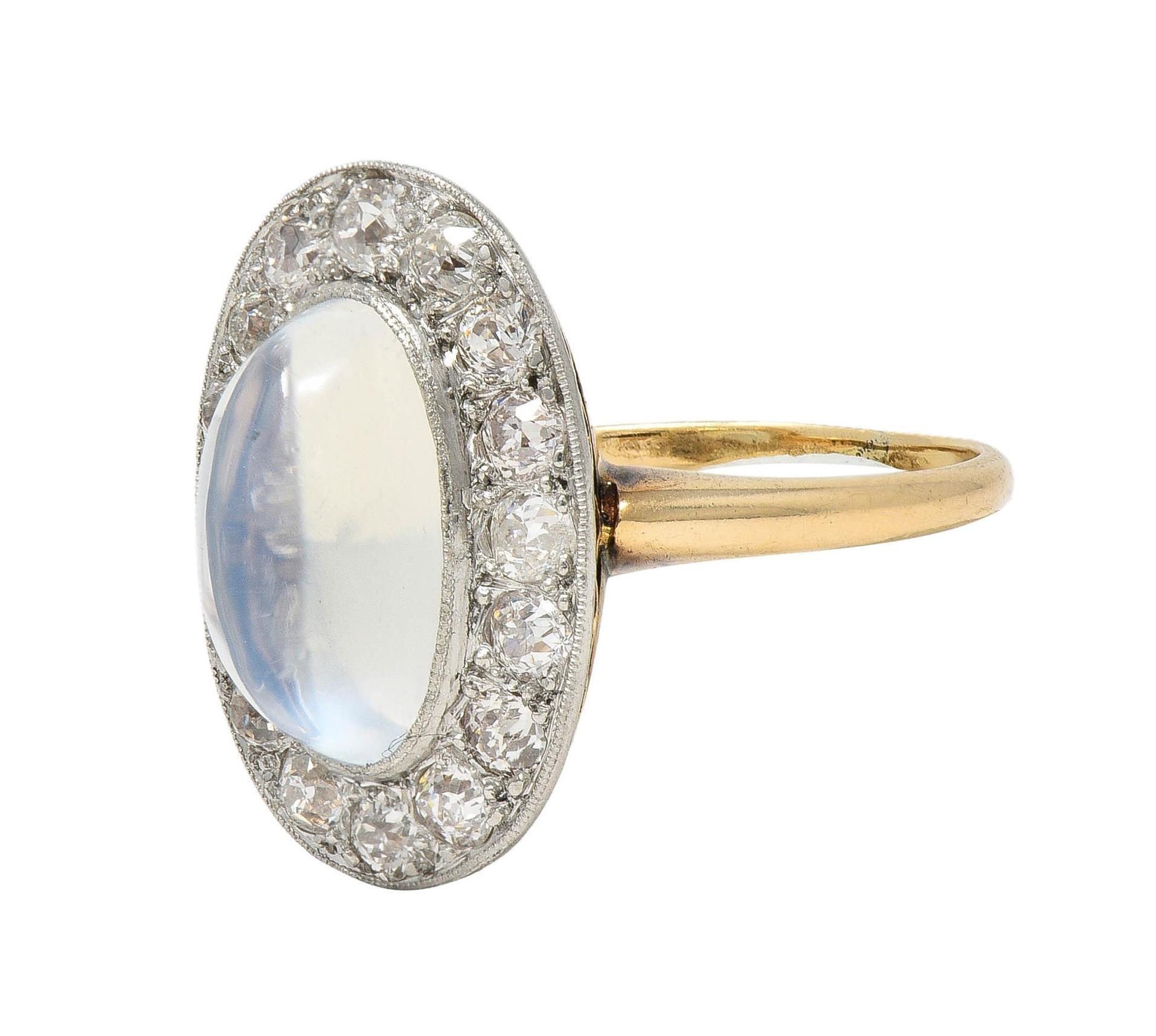 Edwardian 1.12 CTW Moonstone Diamond Platinum 14 Karat Gold Antique Halo Ring For Sale 2
