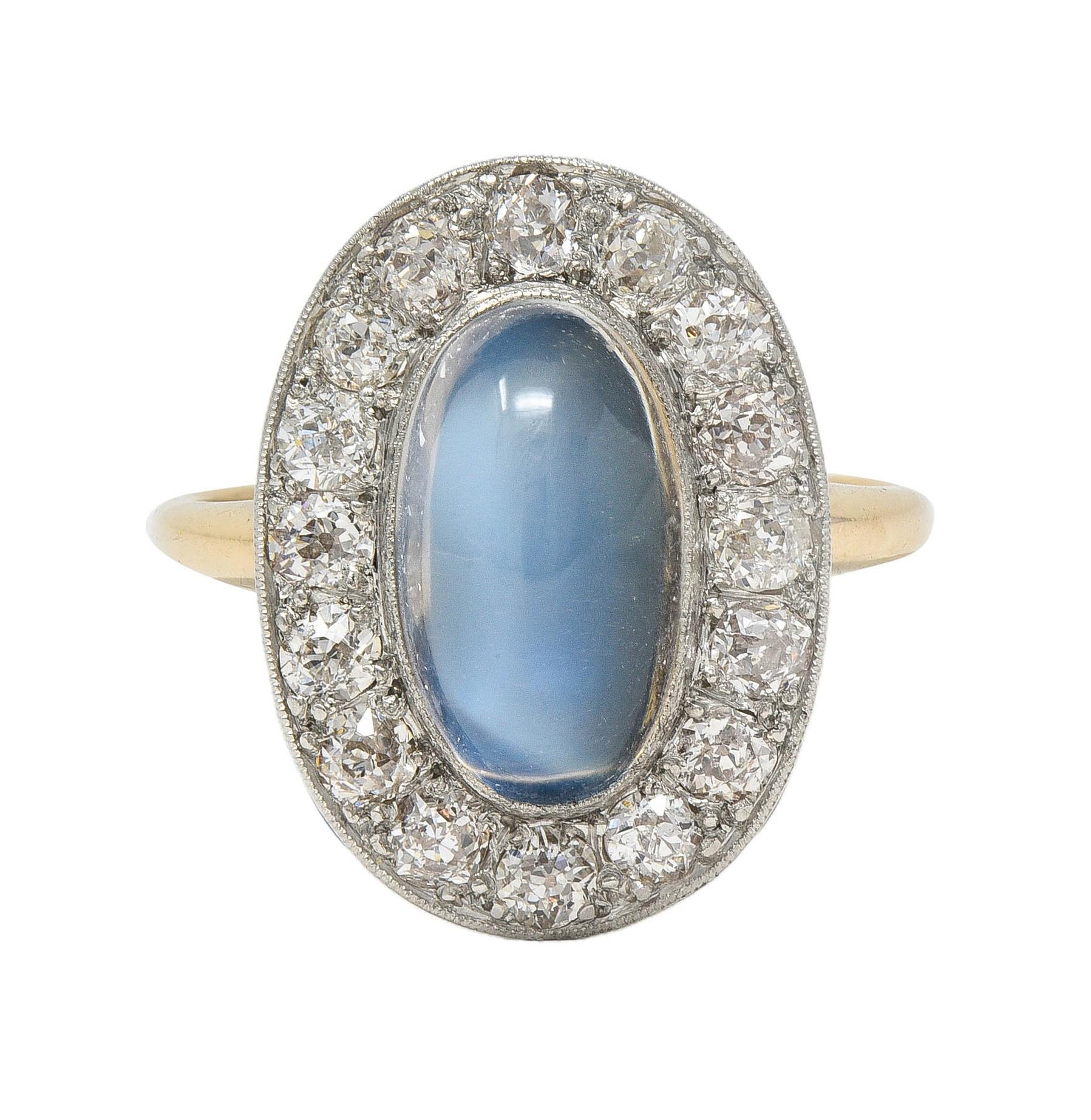 Edwardian 1.12 CTW Moonstone Diamond Platinum 14 Karat Gold Antique Halo Ring For Sale 3