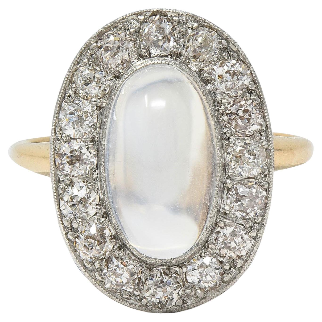 Edwardian 1.12 CTW Moonstone Diamond Platinum 14 Karat Gold Antique Halo Ring