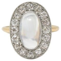 Edwardian 1.12 CTW Moonstone Diamond Platinum 14 Karat Gold Antique Halo Ring