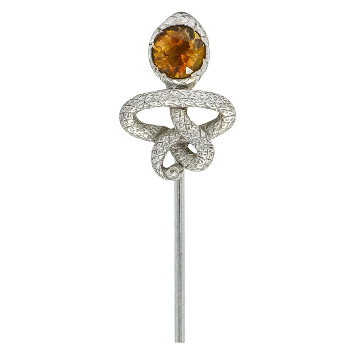 Edwardian 1.15 Carat Tourmaline Platinum Intertwined Snake Stickpin For Sale