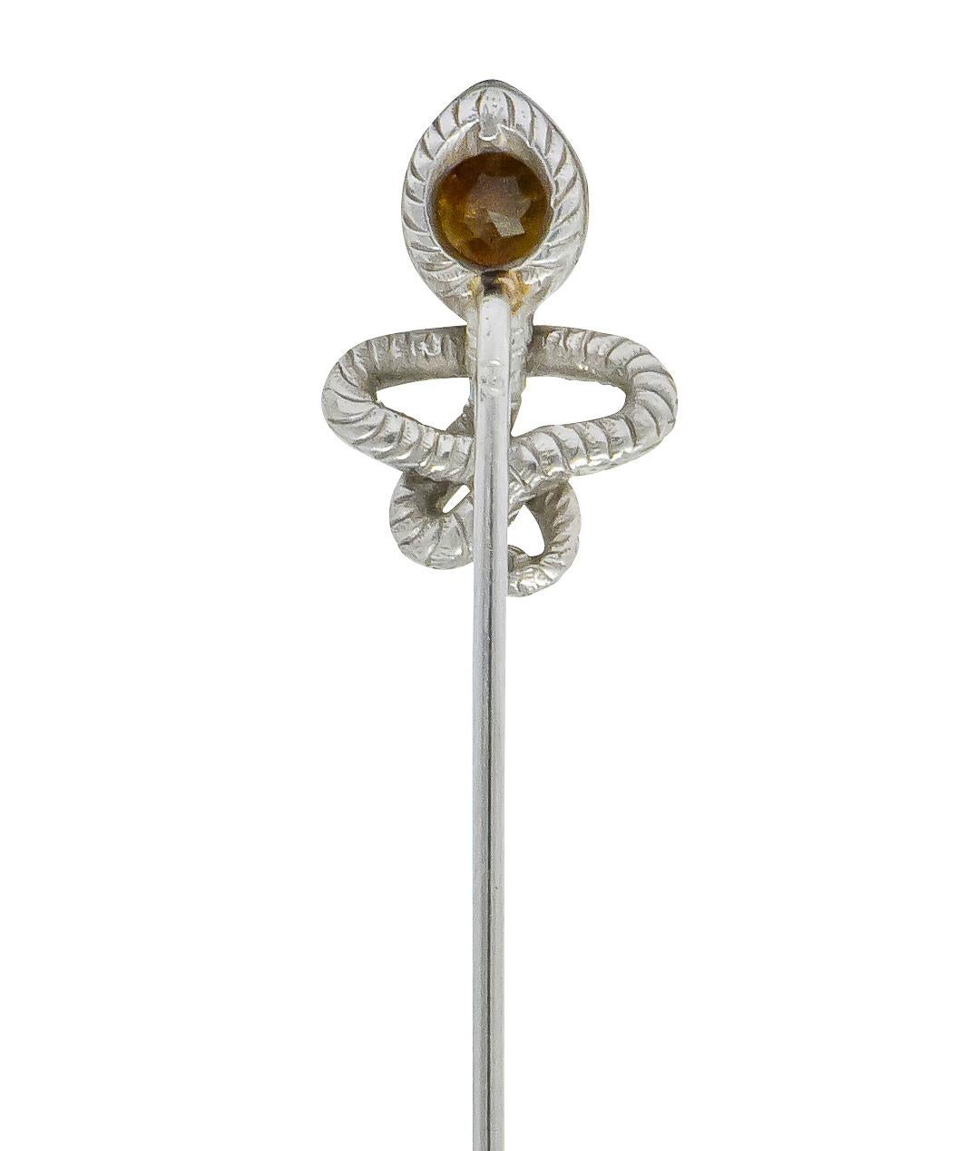Edwardian 1.15 Carat Tourmaline Platinum Intertwined Snake Stickpin In Excellent Condition For Sale In Philadelphia, PA