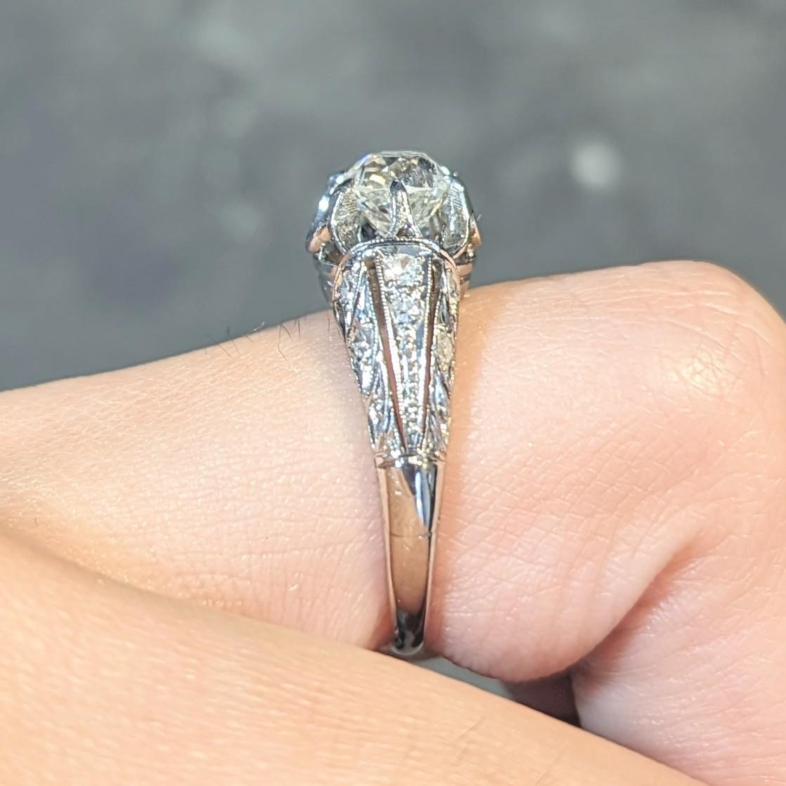 Edwardian 1.16 CTW Old Mine Cut Diamond Platinum Buttercup Engagement Ring For Sale 6