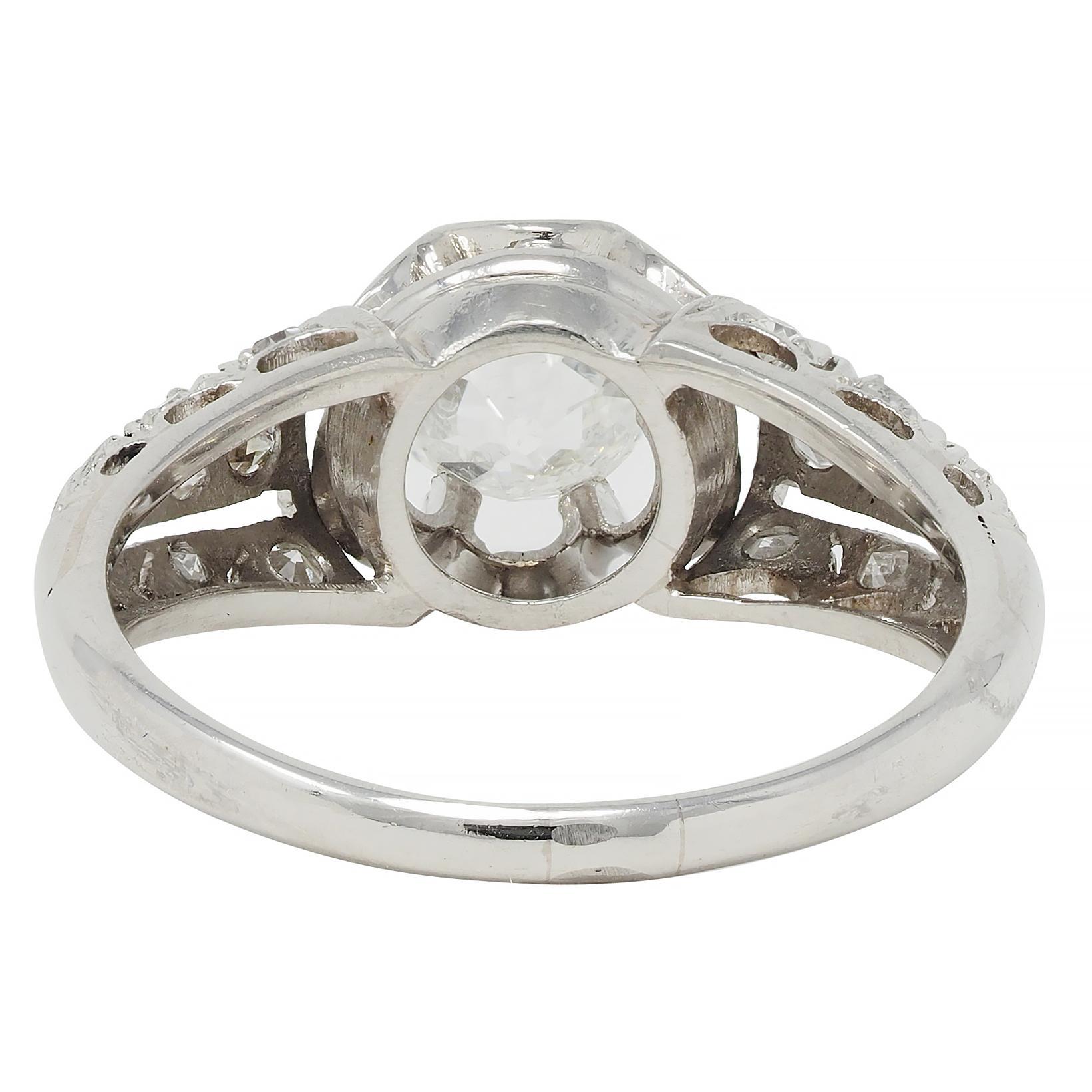 Women's or Men's Edwardian 1.16 CTW Old Mine Cut Diamond Platinum Buttercup Engagement Ring For Sale