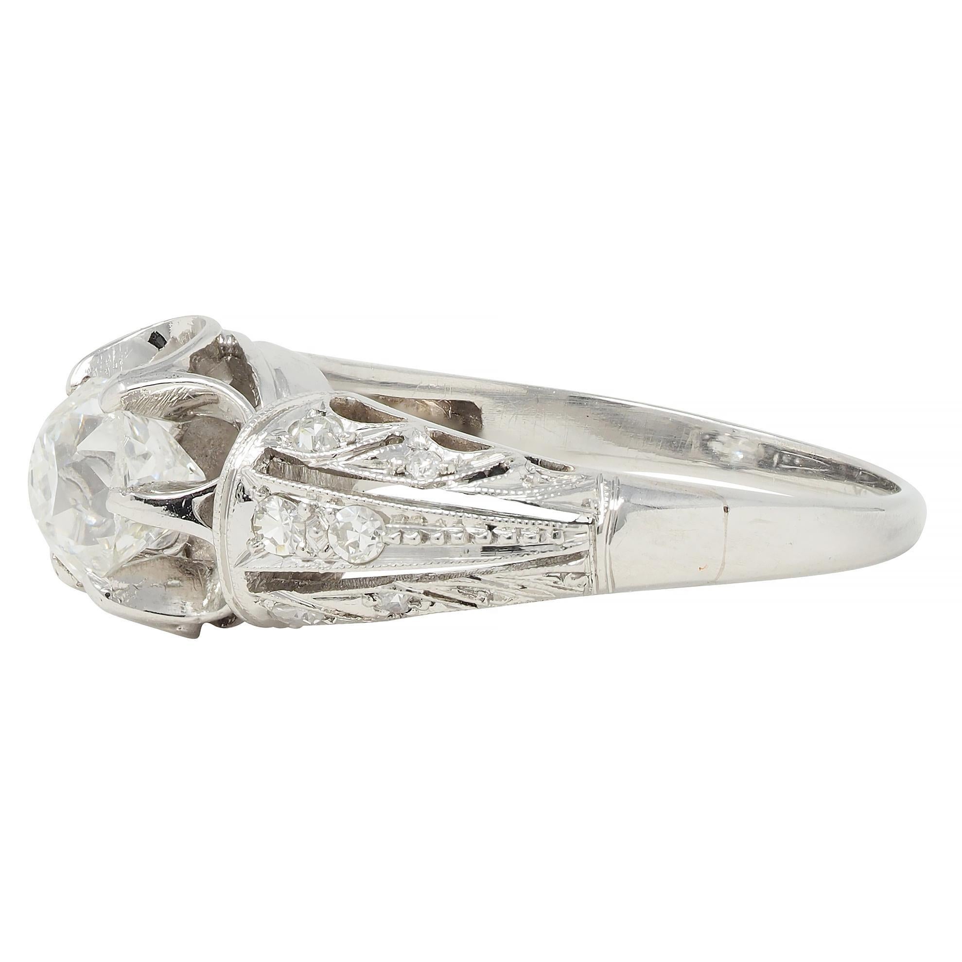 Edwardian 1.16 CTW Old Mine Cut Diamond Platinum Buttercup Engagement Ring For Sale 1