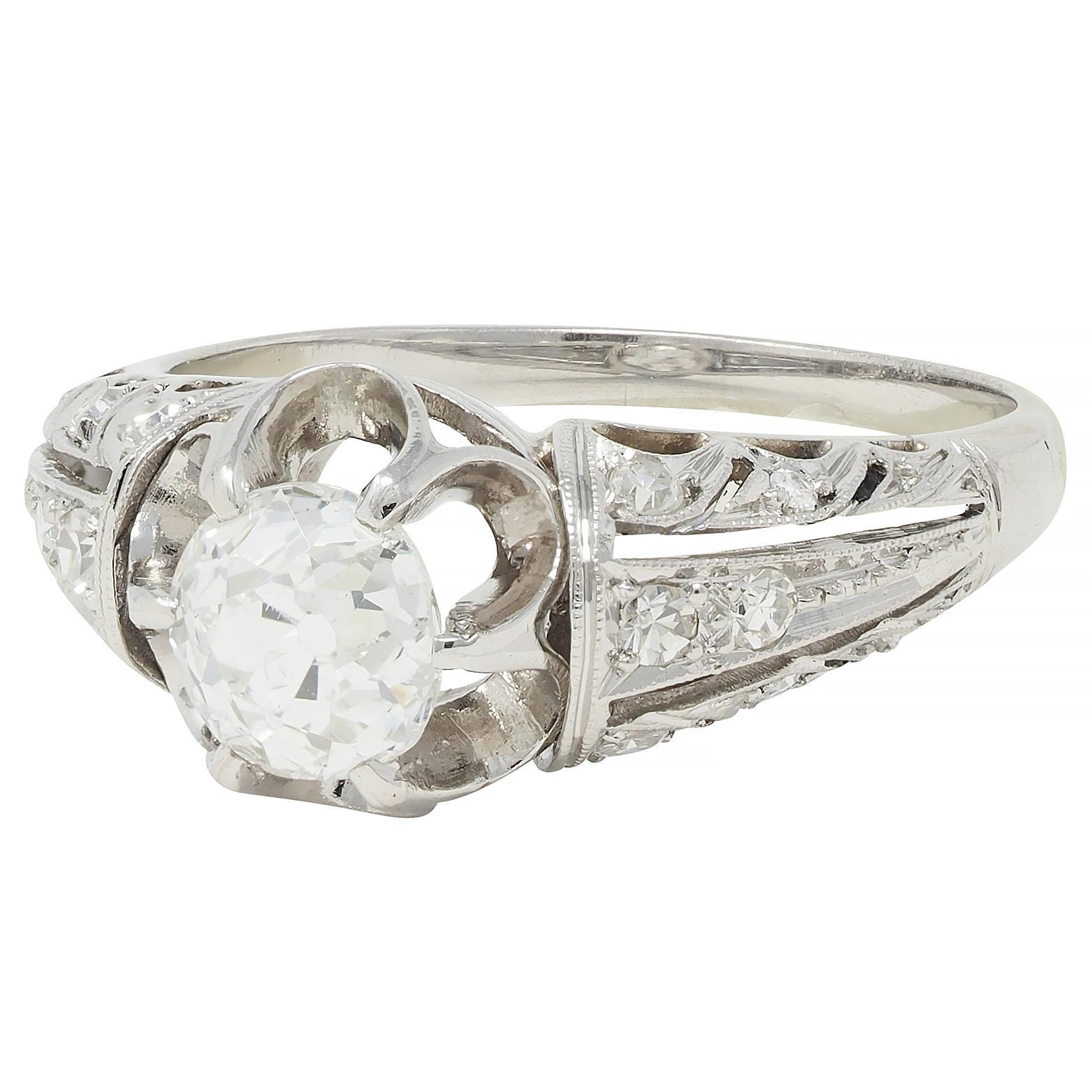 Edwardian 1.16 CTW Old Mine Cut Diamond Platinum Buttercup Engagement Ring For Sale 2