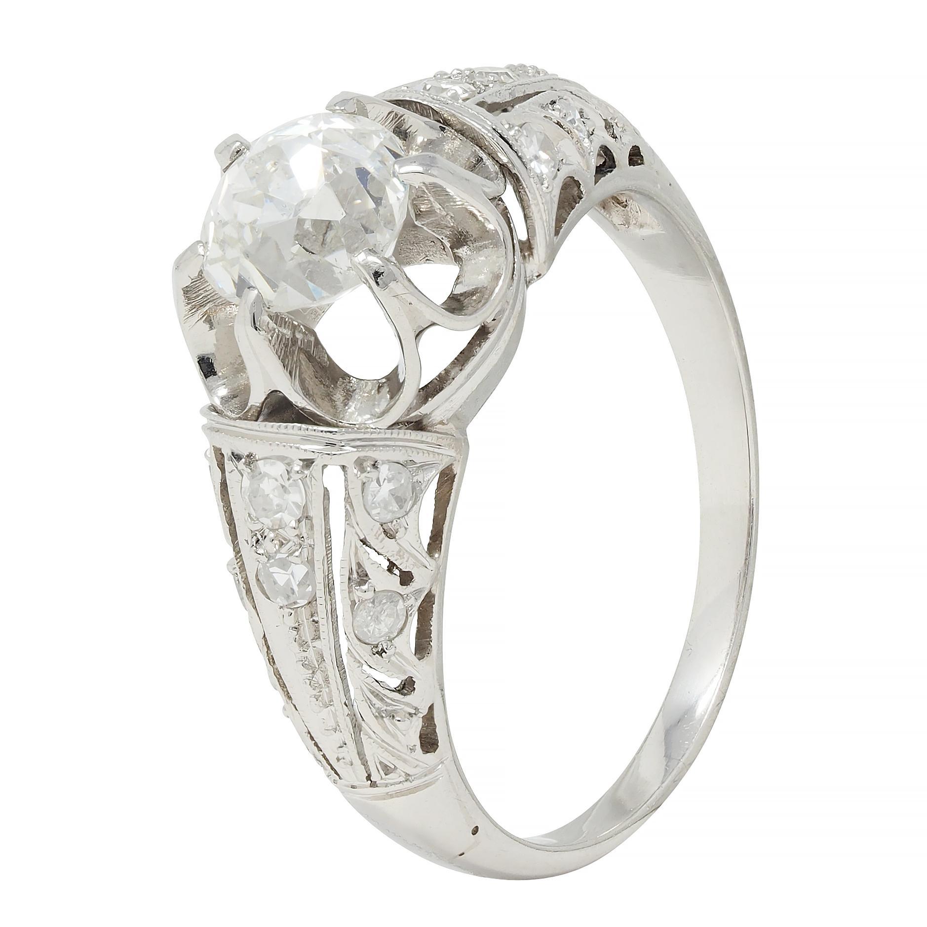 Edwardian 1.16 CTW Old Mine Cut Diamond Platinum Buttercup Engagement Ring For Sale 3