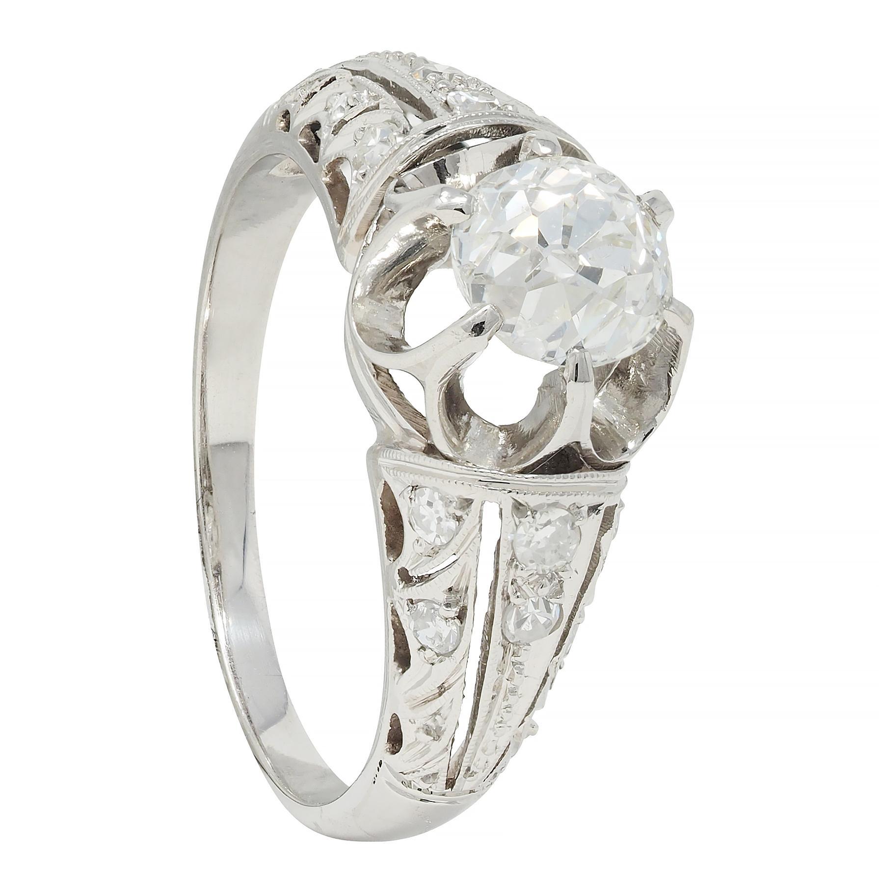 Edwardian 1.16 CTW Old Mine Cut Diamond Platinum Buttercup Engagement Ring For Sale 5