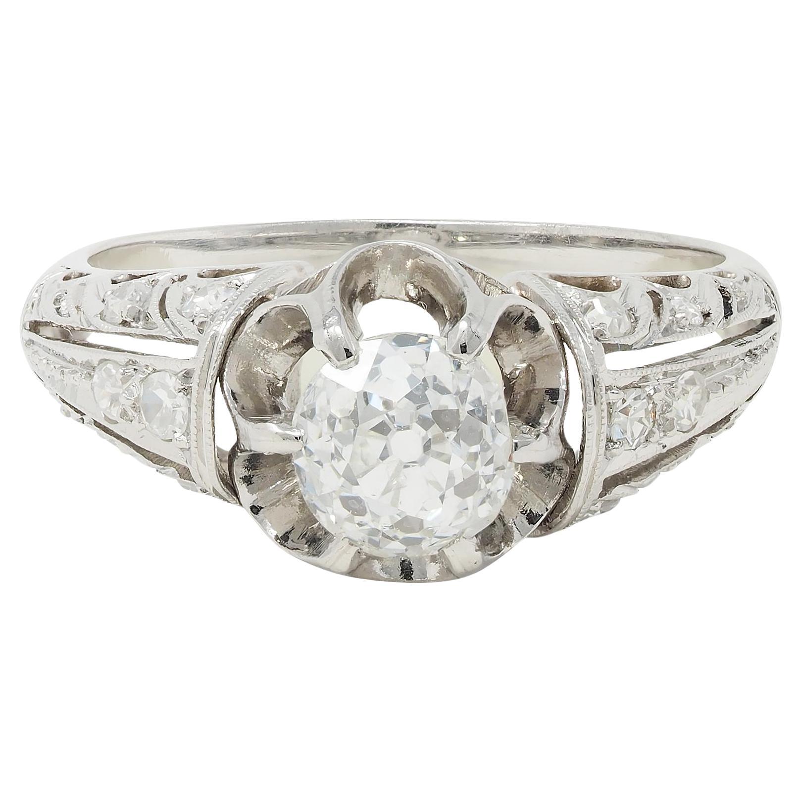 Edwardian 1.16 CTW Old Mine Cut Diamond Platinum Buttercup Engagement Ring For Sale