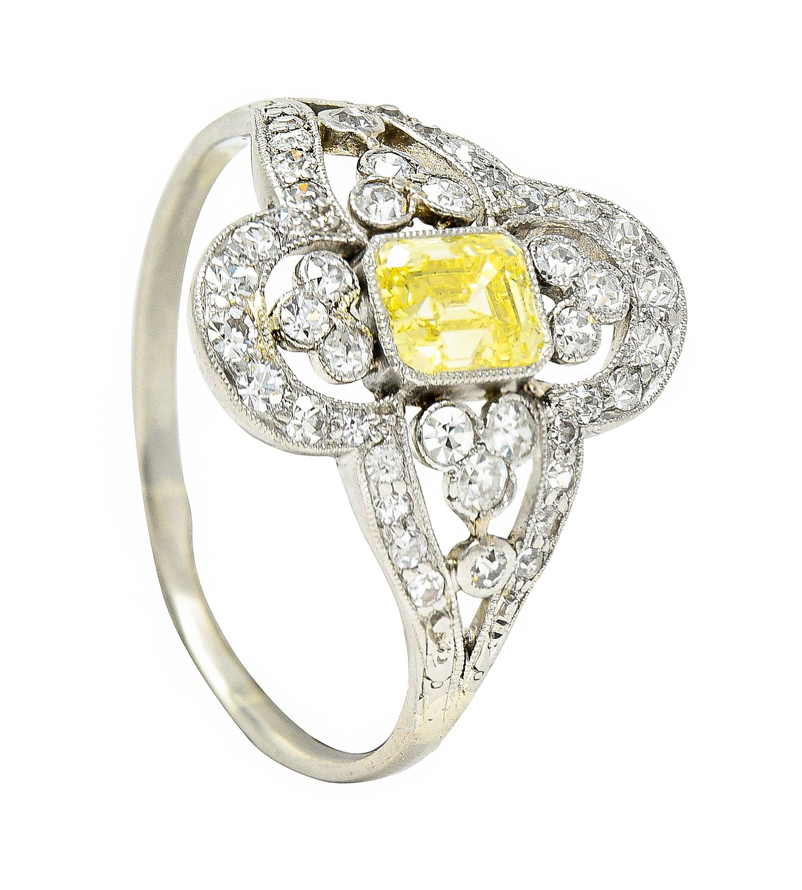 Edwardian 1.17 Carat Emerald Cut Fancy Yellow Diamond Platinum Quatrefoil Ring 6