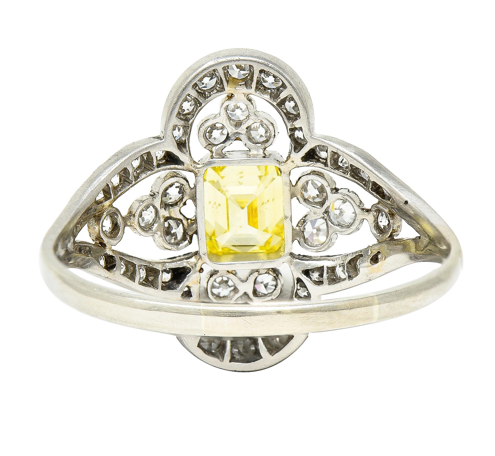 Women's or Men's Edwardian 1.17 Carat Emerald Cut Fancy Yellow Diamond Platinum Quatrefoil Ring