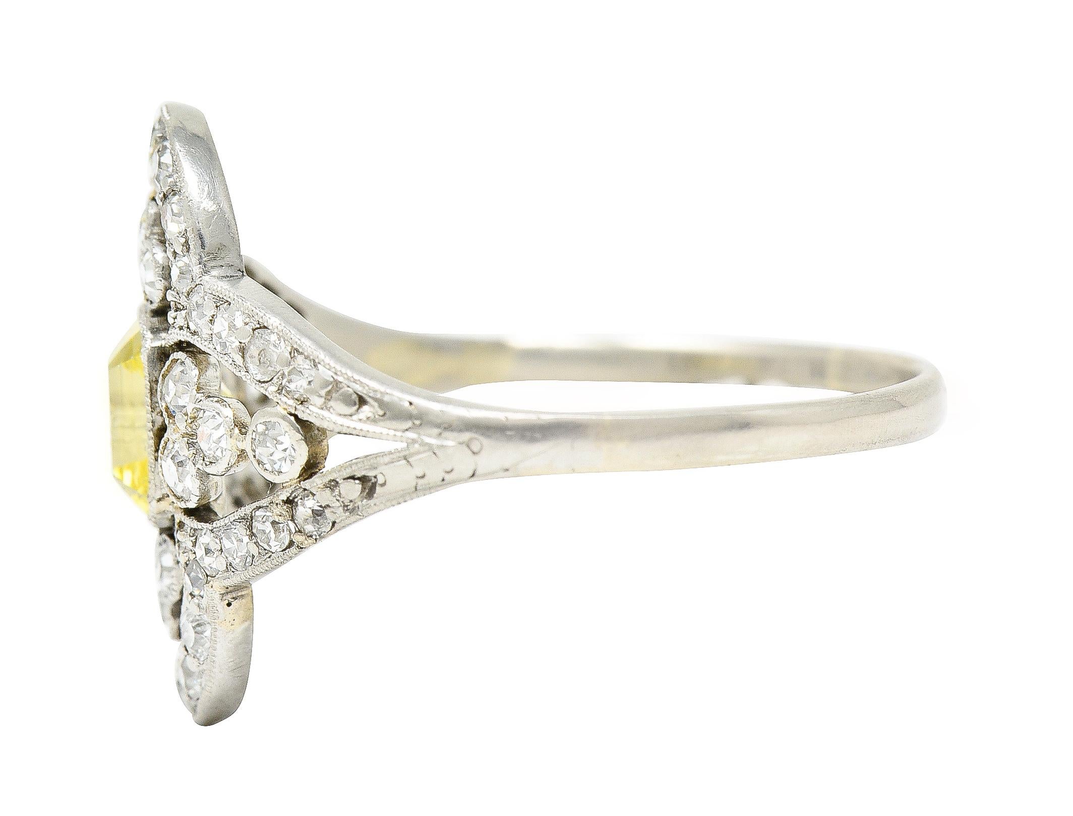 Edwardian 1.17 Carat Emerald Cut Fancy Yellow Diamond Platinum Quatrefoil Ring 1