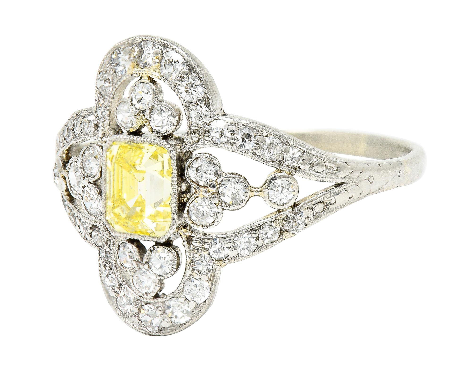 Edwardian 1.17 Carat Emerald Cut Fancy Yellow Diamond Platinum Quatrefoil Ring 2