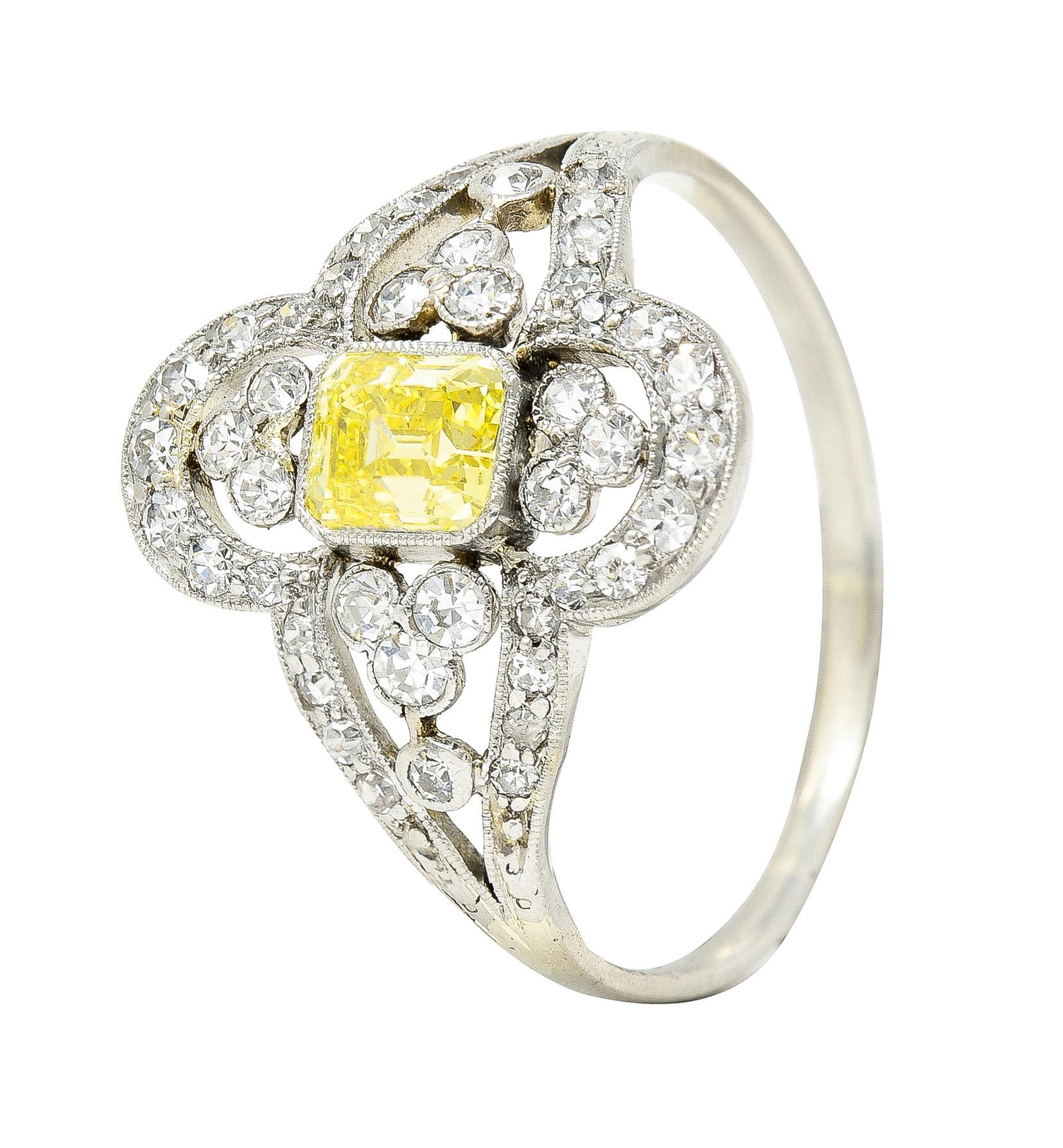Edwardian 1.17 Carat Emerald Cut Fancy Yellow Diamond Platinum Quatrefoil Ring 3