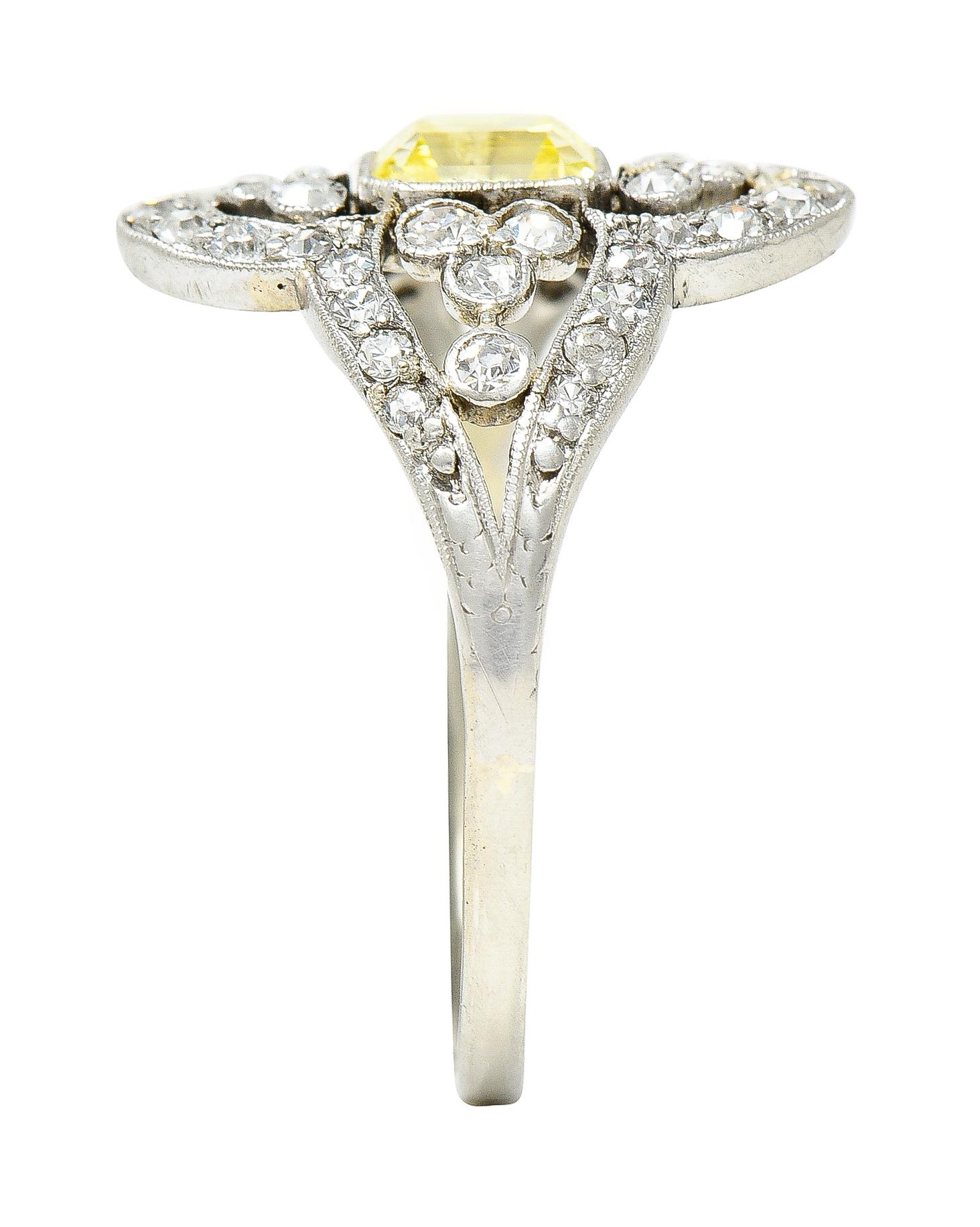 Edwardian 1.17 Carat Emerald Cut Fancy Yellow Diamond Platinum Quatrefoil Ring 4